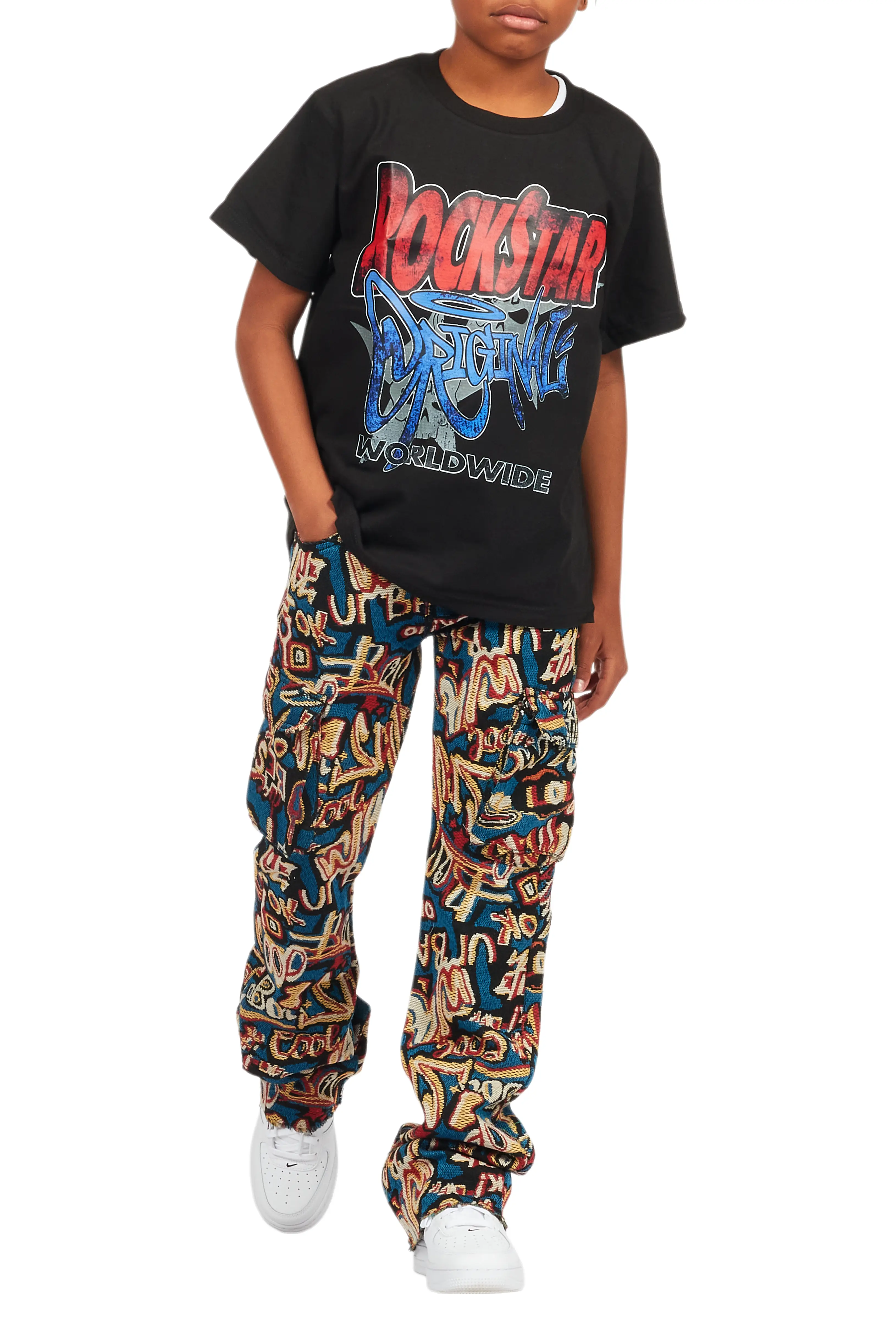 Boys Tyrell Blue Multi Tapestry Stacked Flare Jean - Image 10