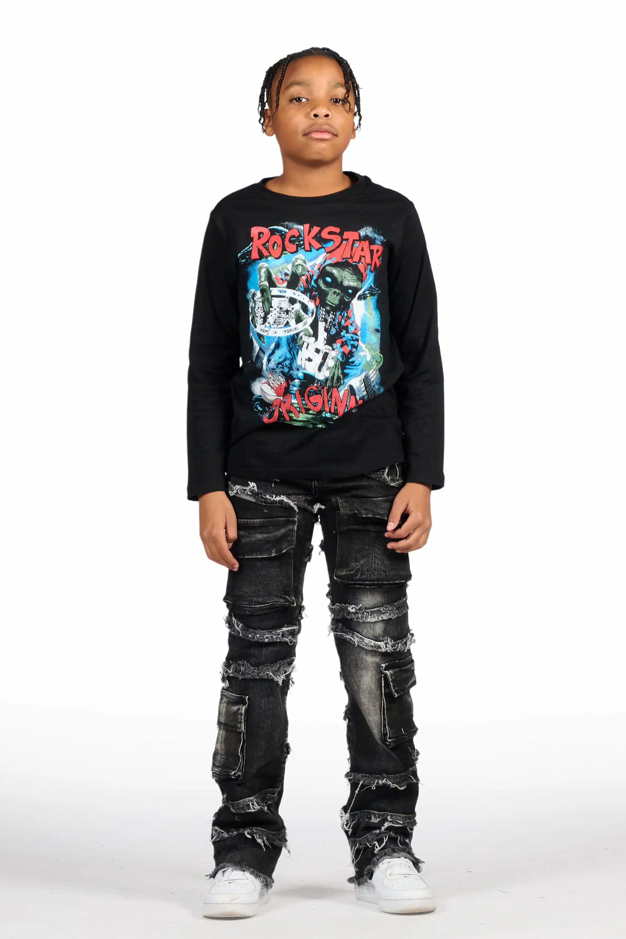 Boys Yves Jet Black Stacked Flare Cargo Jean - Image 3