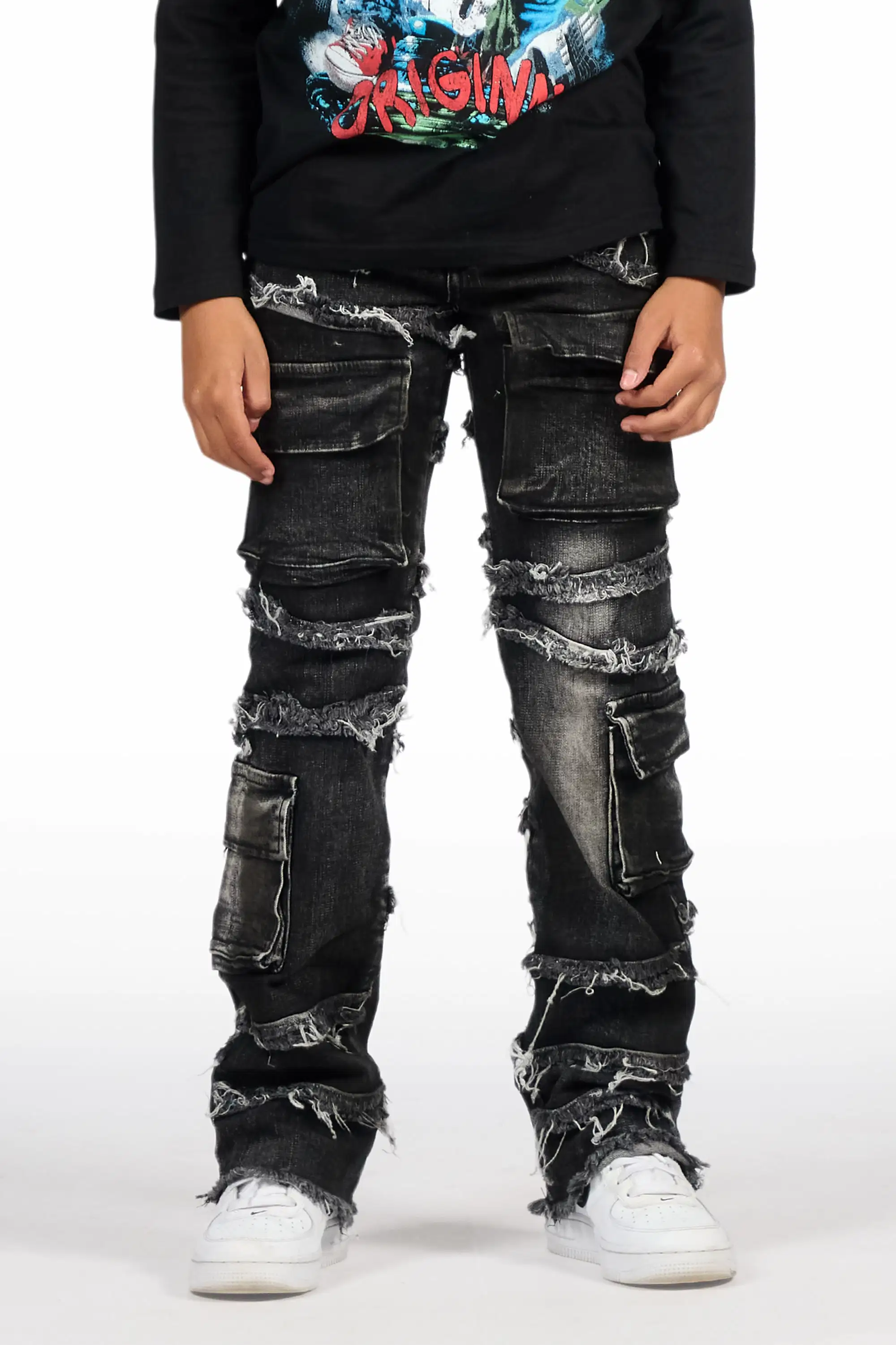 Boys Yves Jet Black Stacked Flare Cargo Jean - Image 9