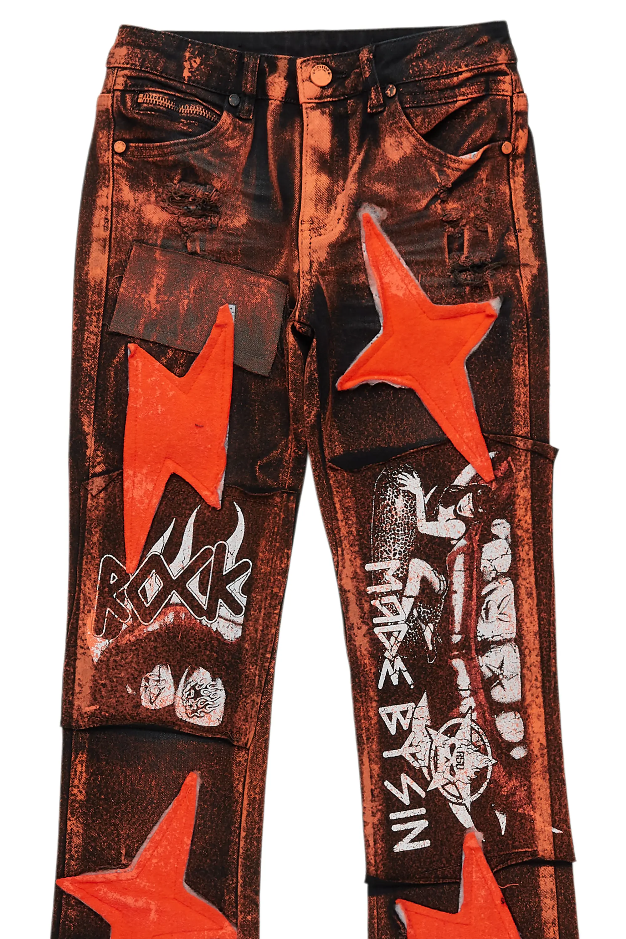 Boys Valko Black/Orange Roller Paint Stacked Flare Jean - Image 2