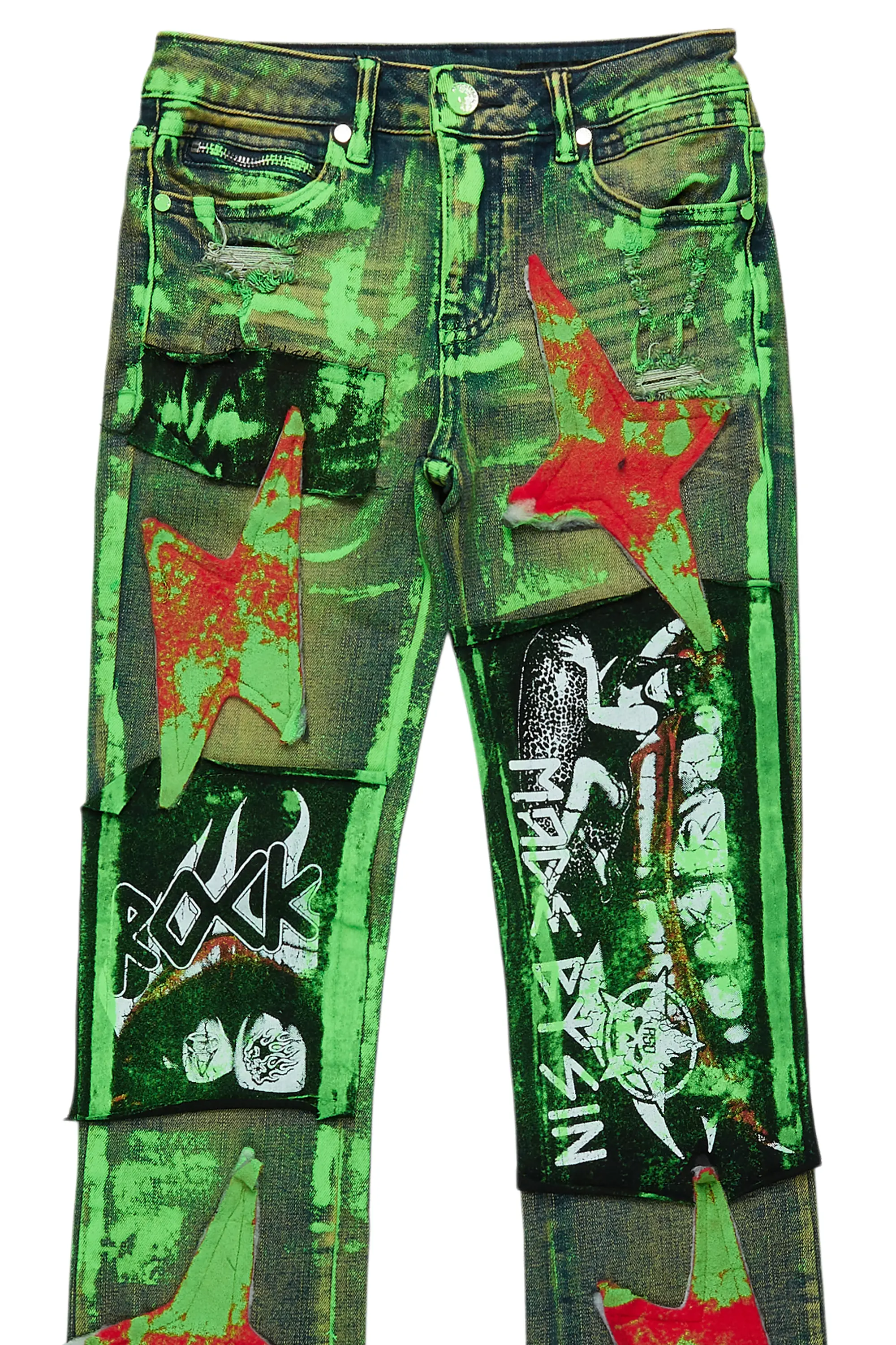 Boys Valko Blue/Green Roller Paint Stacked Flare Jean - Image 2