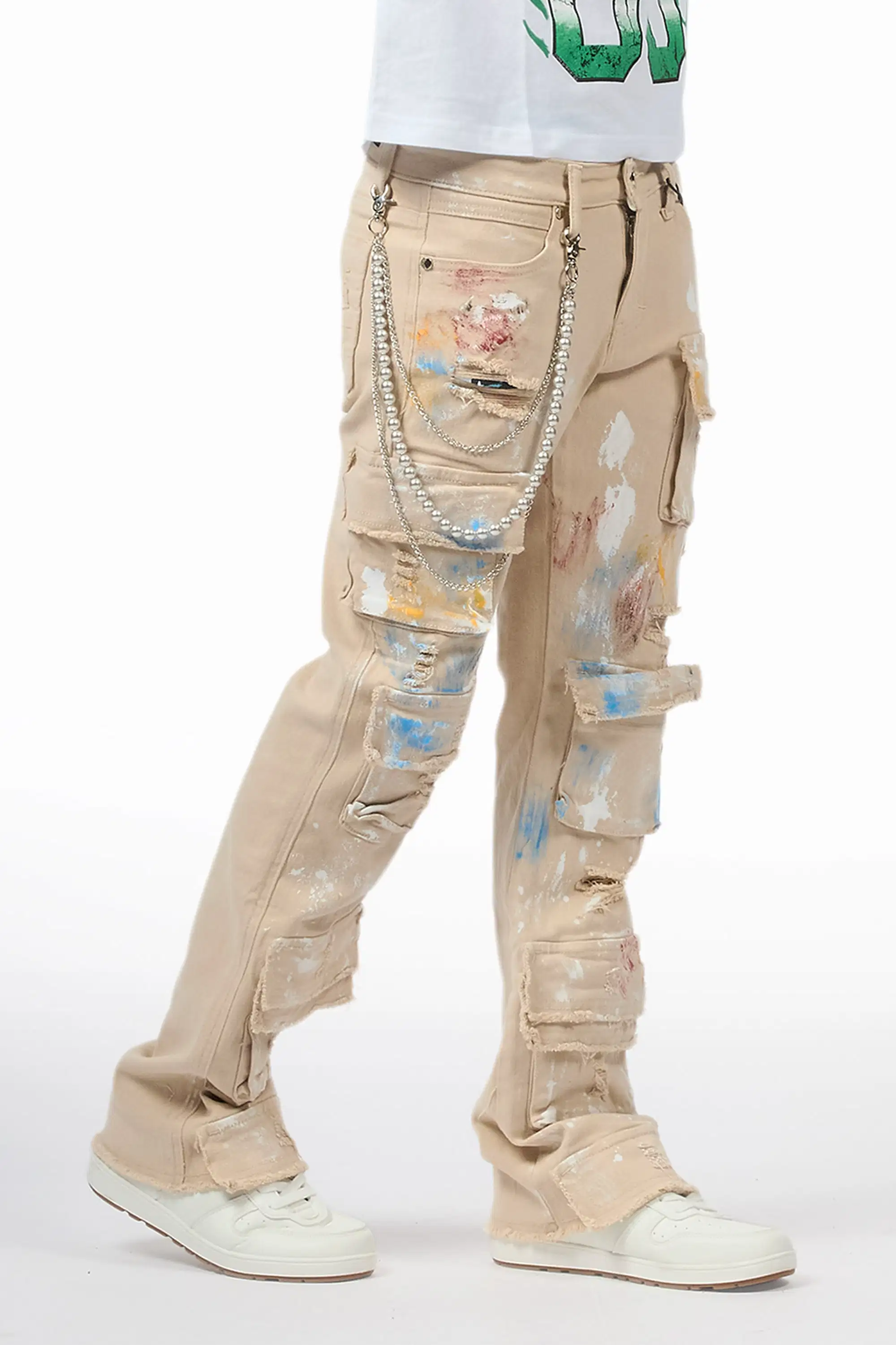 Boys Orien Beige Stacked Painter Flare Jean