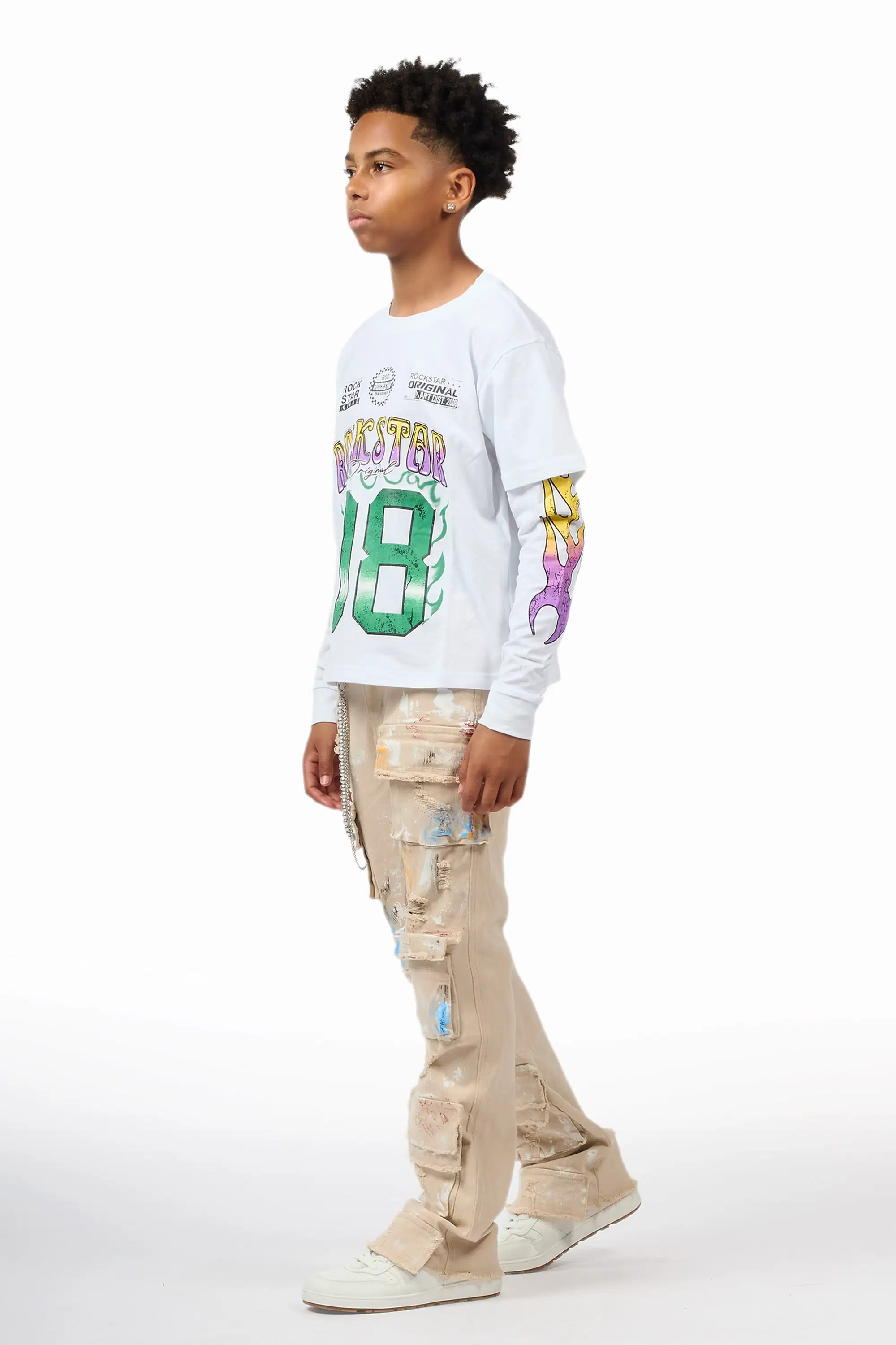 Boys Orien Beige Stacked Painter Flare Jean - Image 10
