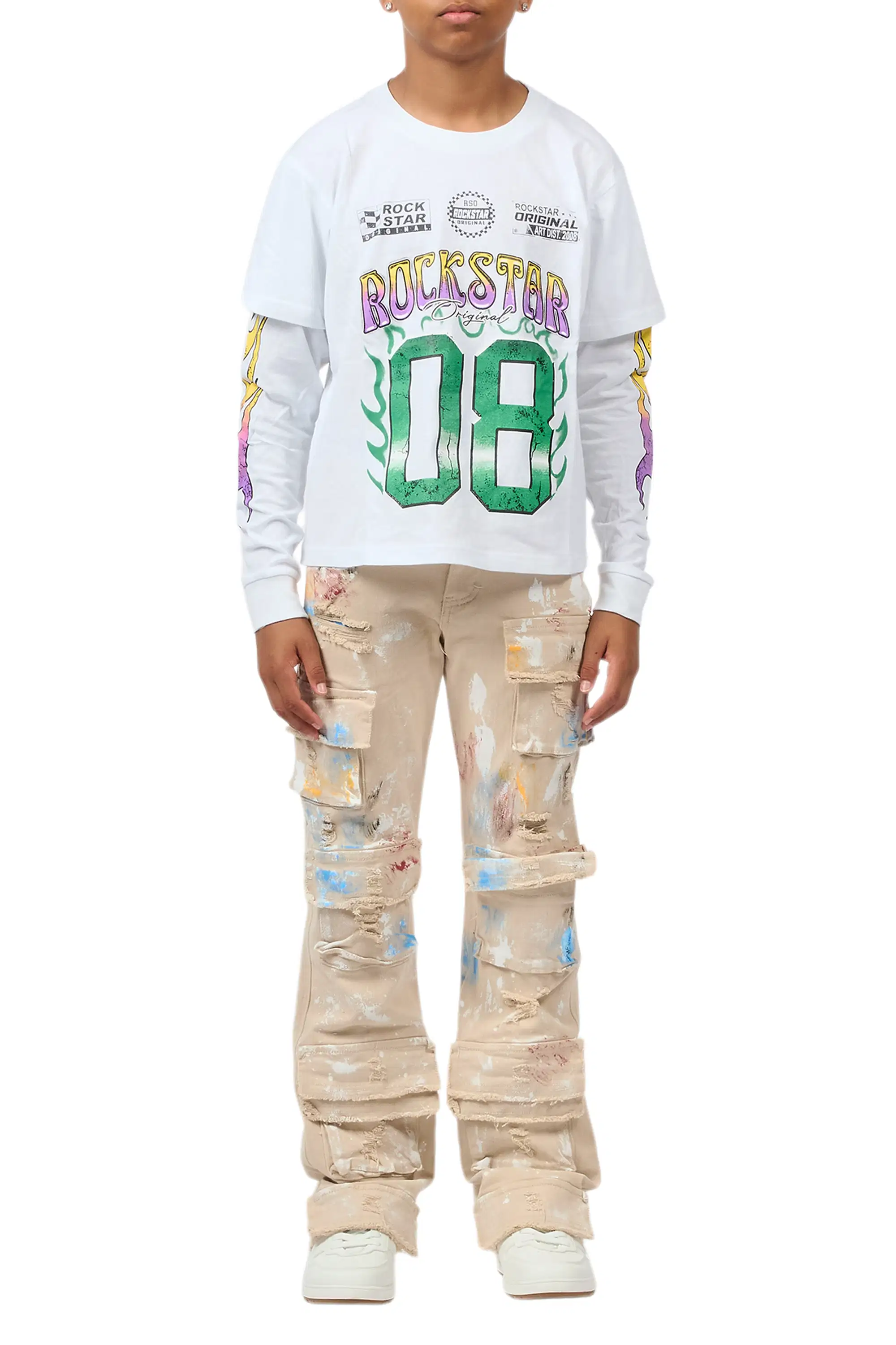 Boys Orien Beige Stacked Painter Flare Jean - Image 11