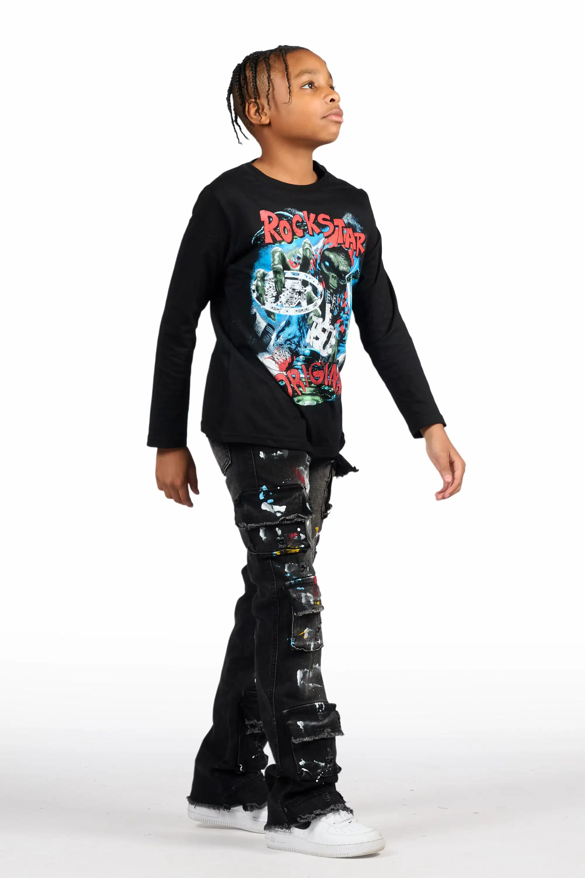 Boys Orien Black Stacked Painter Flare Jean - Image 4
