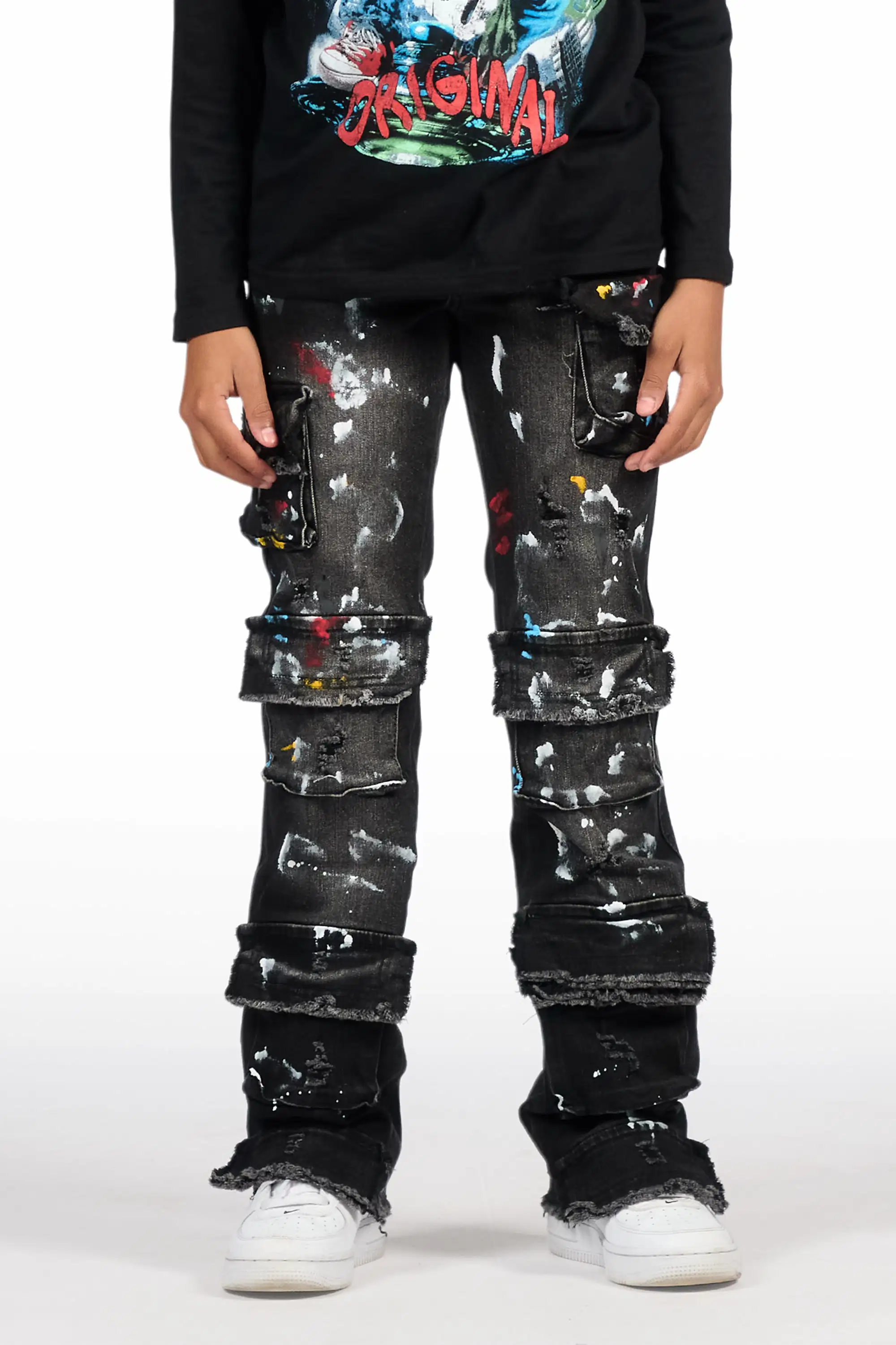 Boys Orien Black Stacked Painter Flare Jean - Image 9