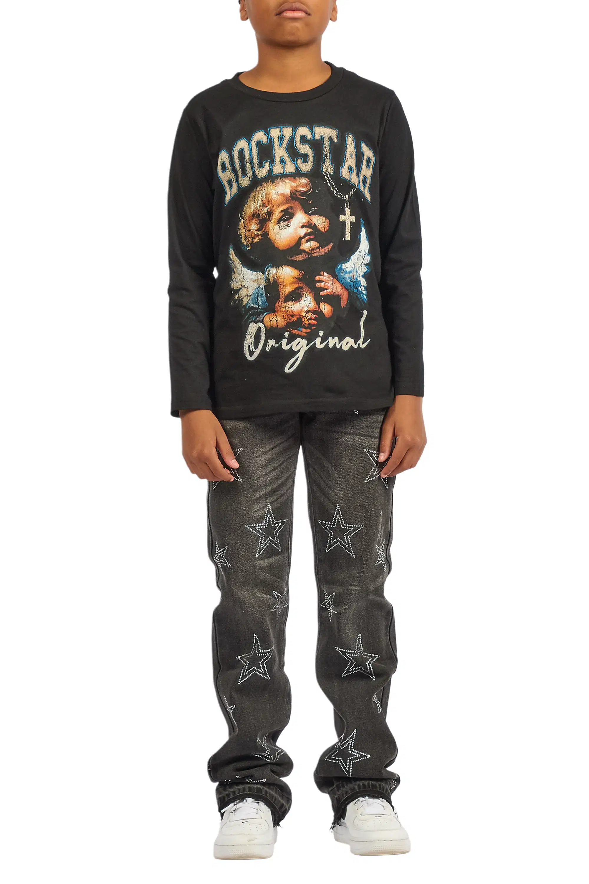 Boys Kama Dark Grey Rhinestone Stacked Flare Jean - Image 11