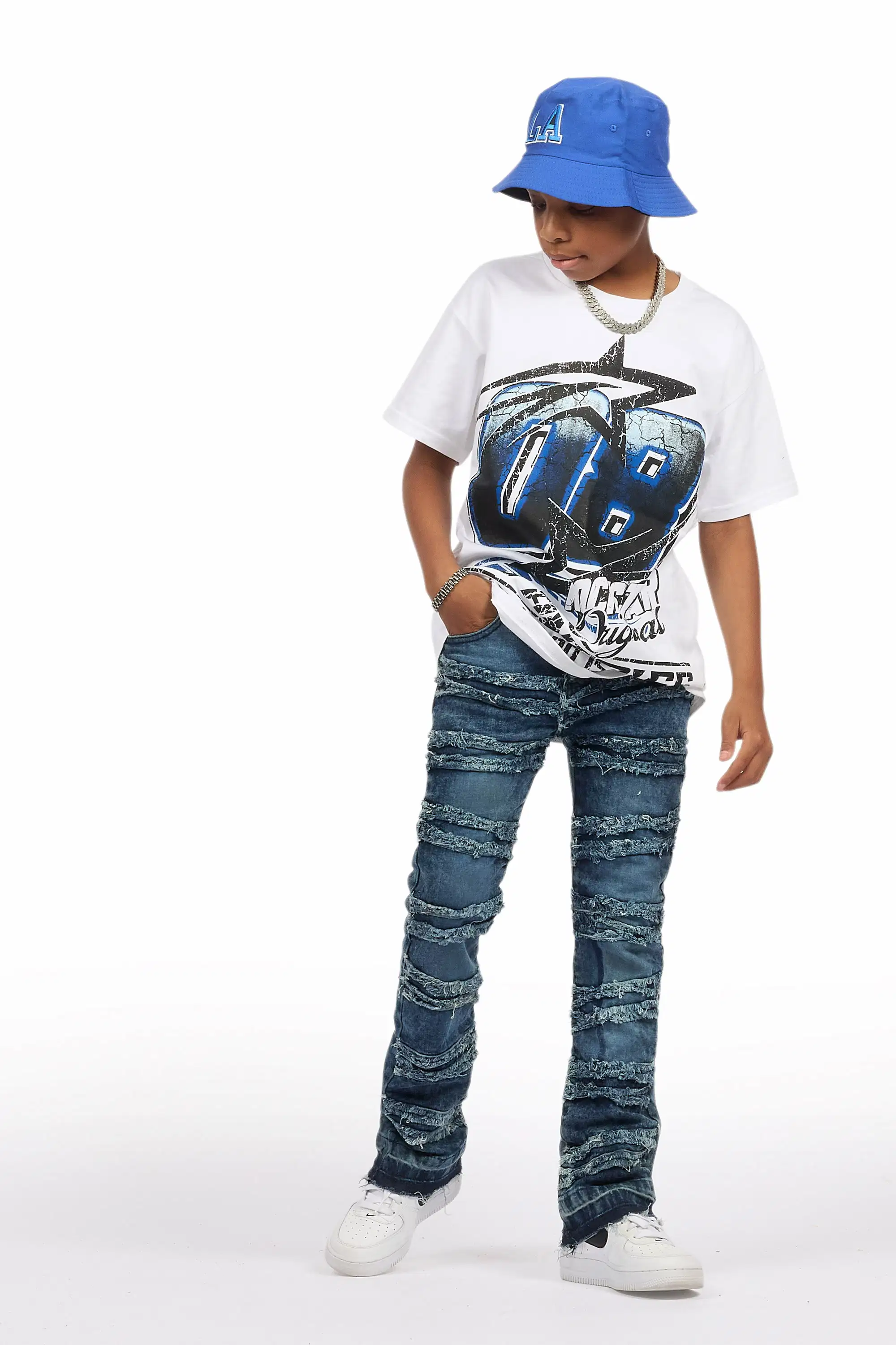 Boys Eli Blue Wash Flare Frayed Jean - Image 7