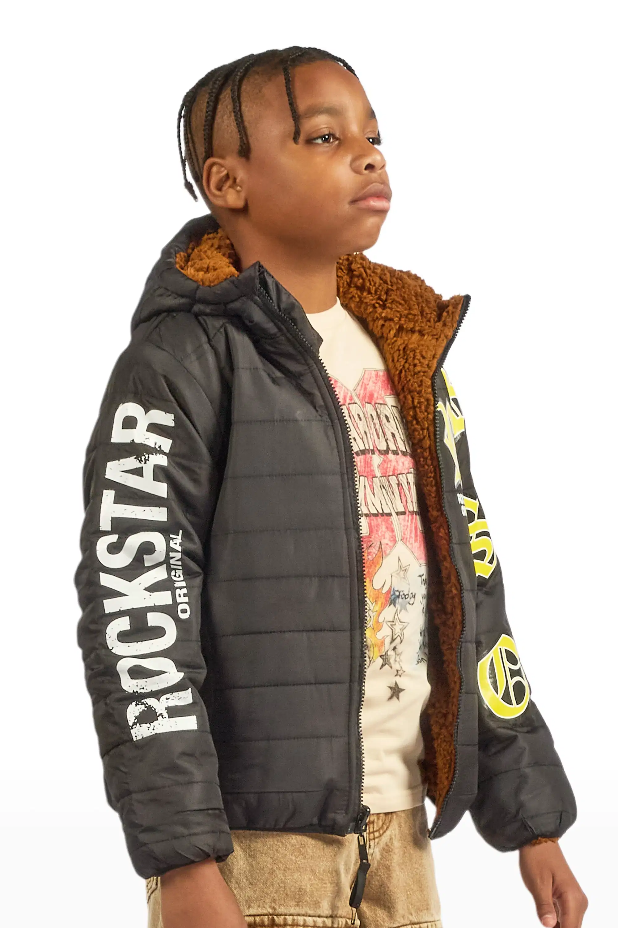 Boys Daegan Black/Brown Reversible Fur Puffer Jacket - Image 4