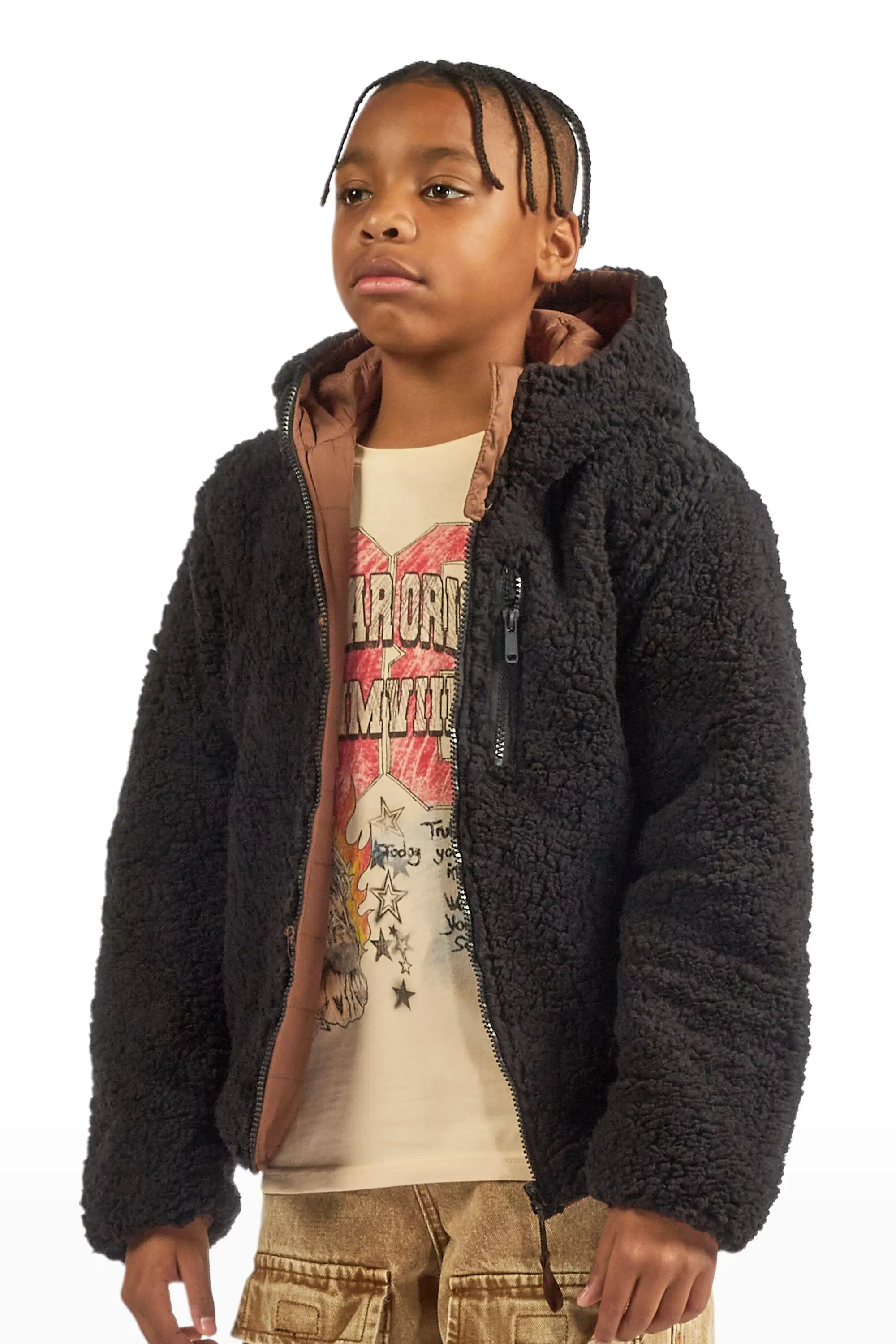 Boys Daegan Brown/Black Reversible Fur Puffer Jacket - Image 10
