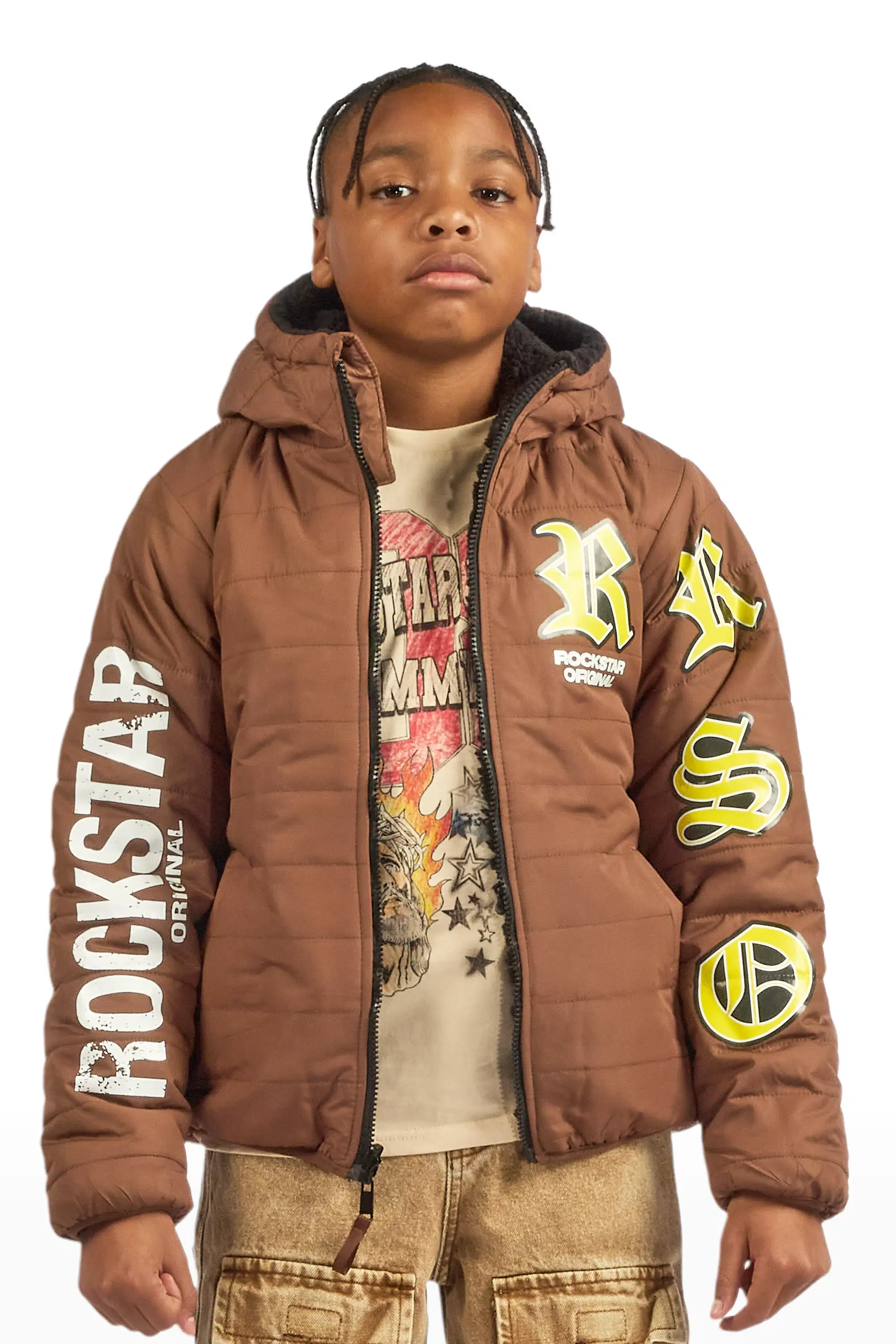 Boys Daegan Brown/Black Reversible Fur Puffer Jacket - Image 3