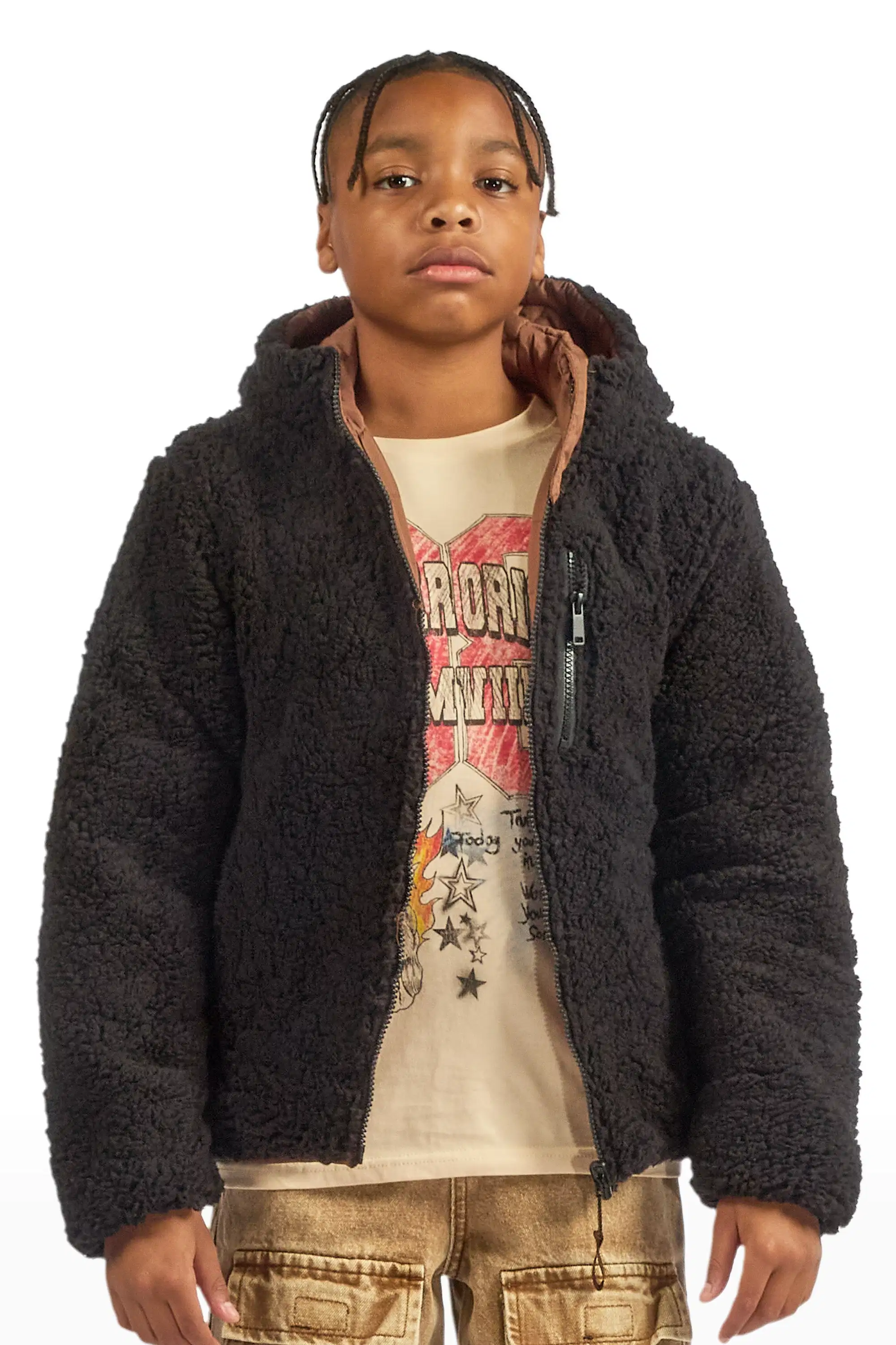 Boys Daegan Brown/Black Reversible Fur Puffer Jacket - Image 9