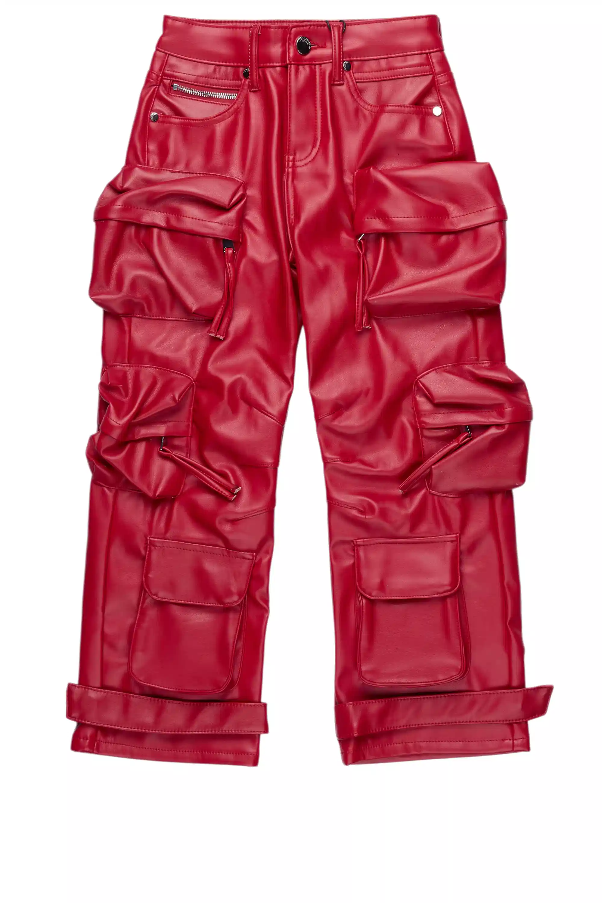 Boys Lenz Red PU Cargo Leather Baggy Fit Jean - Image 2