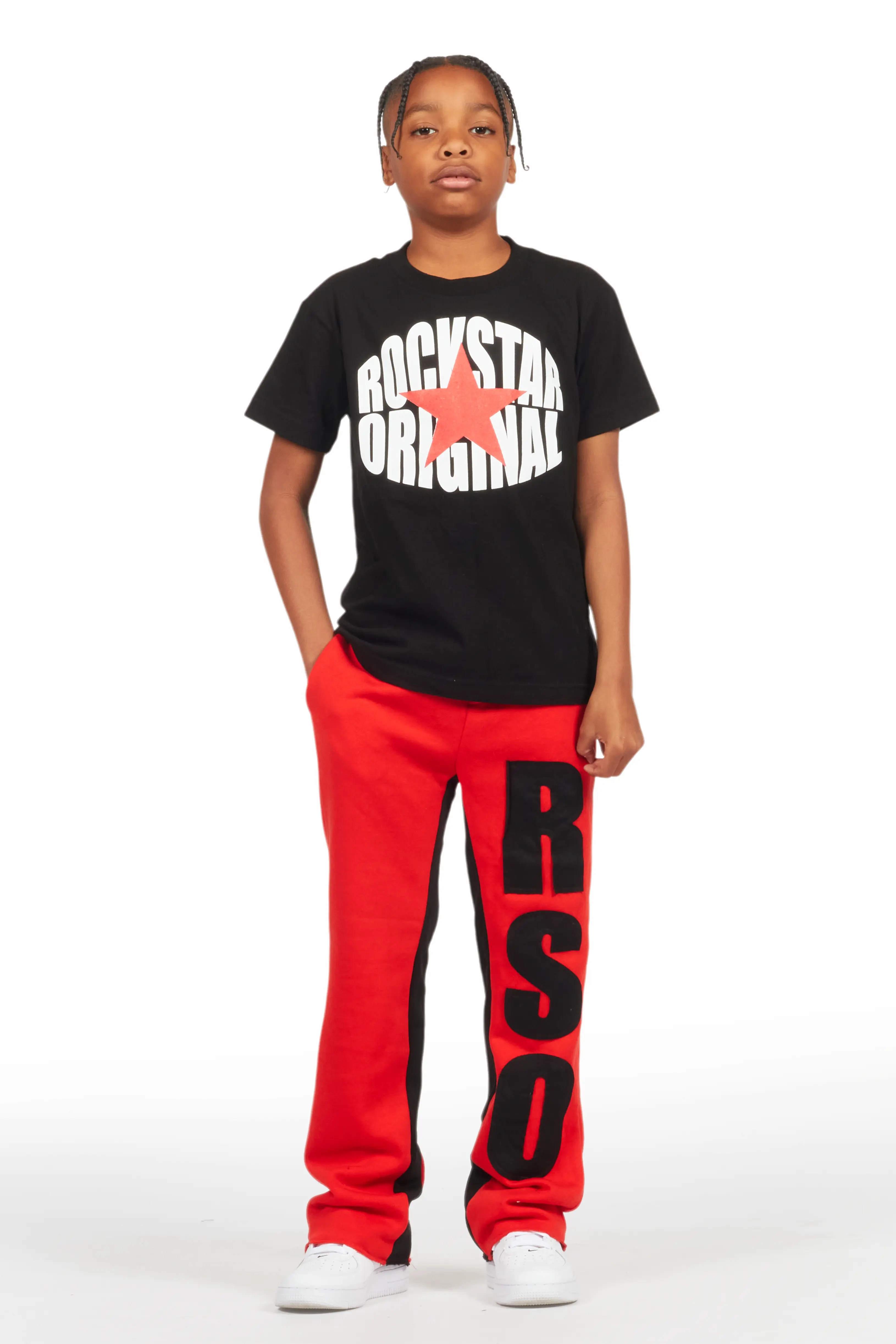 Boys Uko Red Stacked Baggy Flare Pant - Image 3