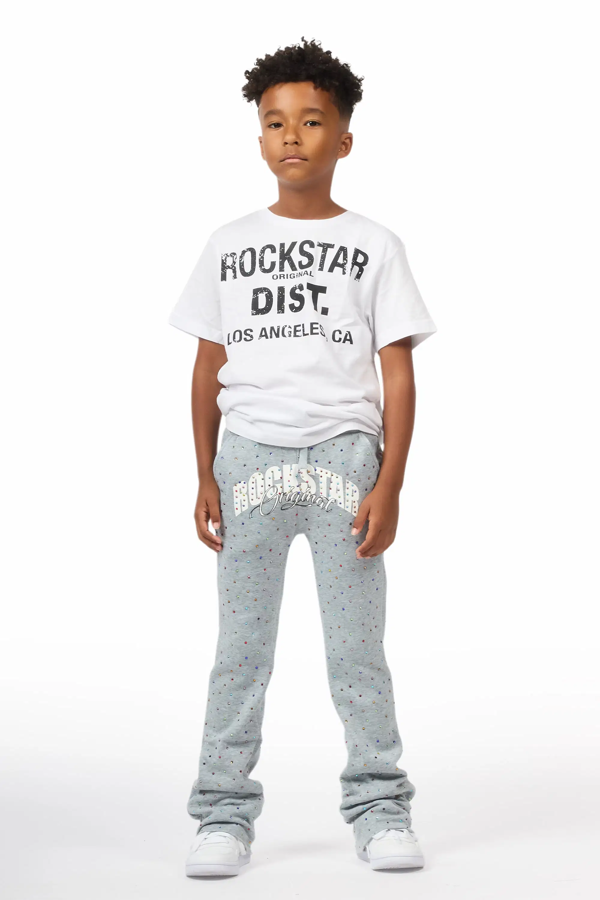 Boys Franchesco Heather Grey Rhinestone Stacked Track Pant - Image 3