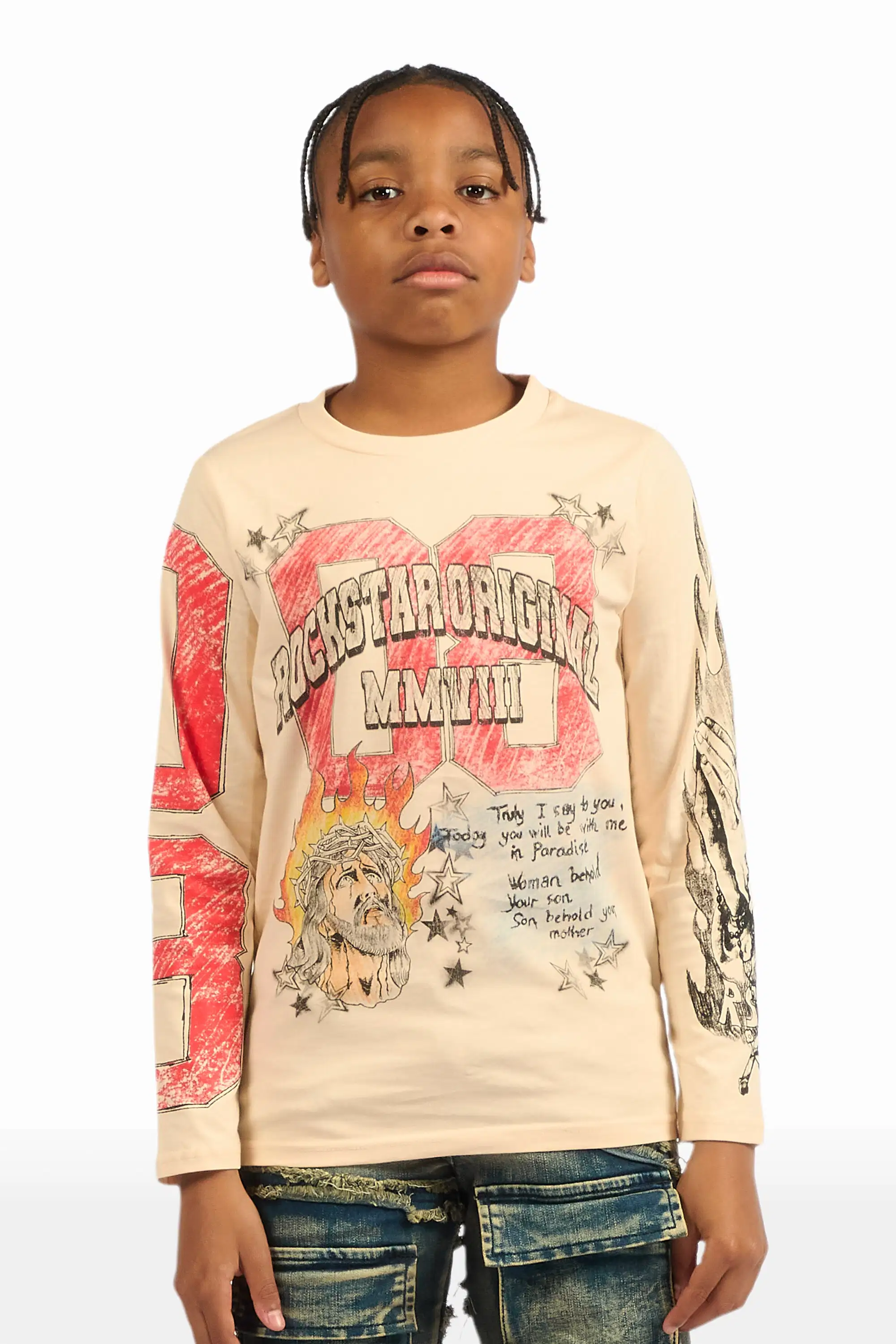 Boys Jesus Crayon Sand Long Sleeve Graphic T-Shirt - Image 2