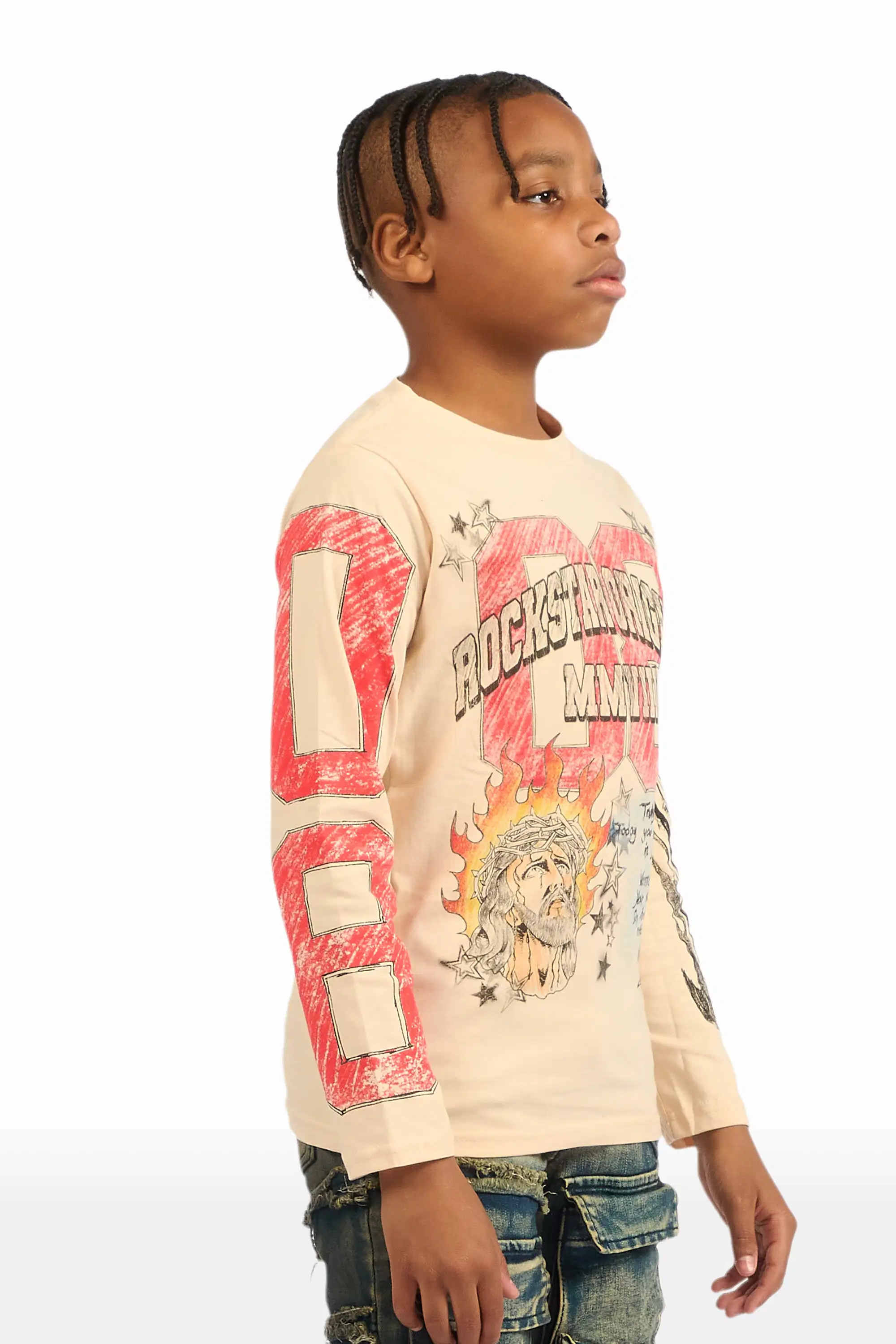 Boys Jesus Crayon Sand Long Sleeve Graphic T-Shirt - Image 3