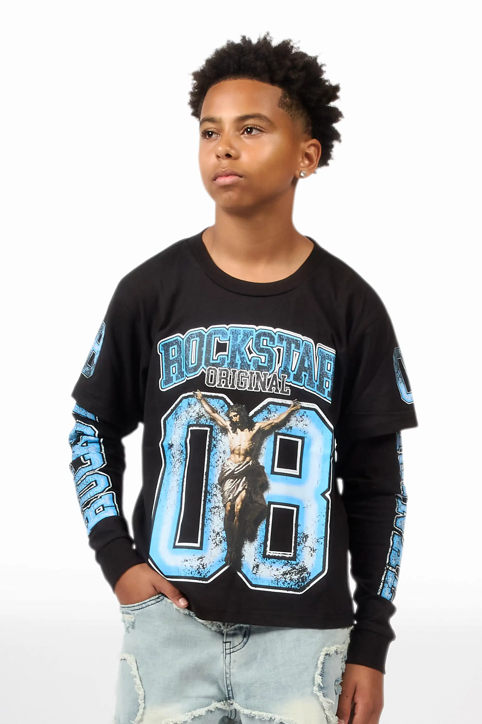 Boys Fields Black/Blue Double Layer L/S Graphic T-Shirt - Image 3
