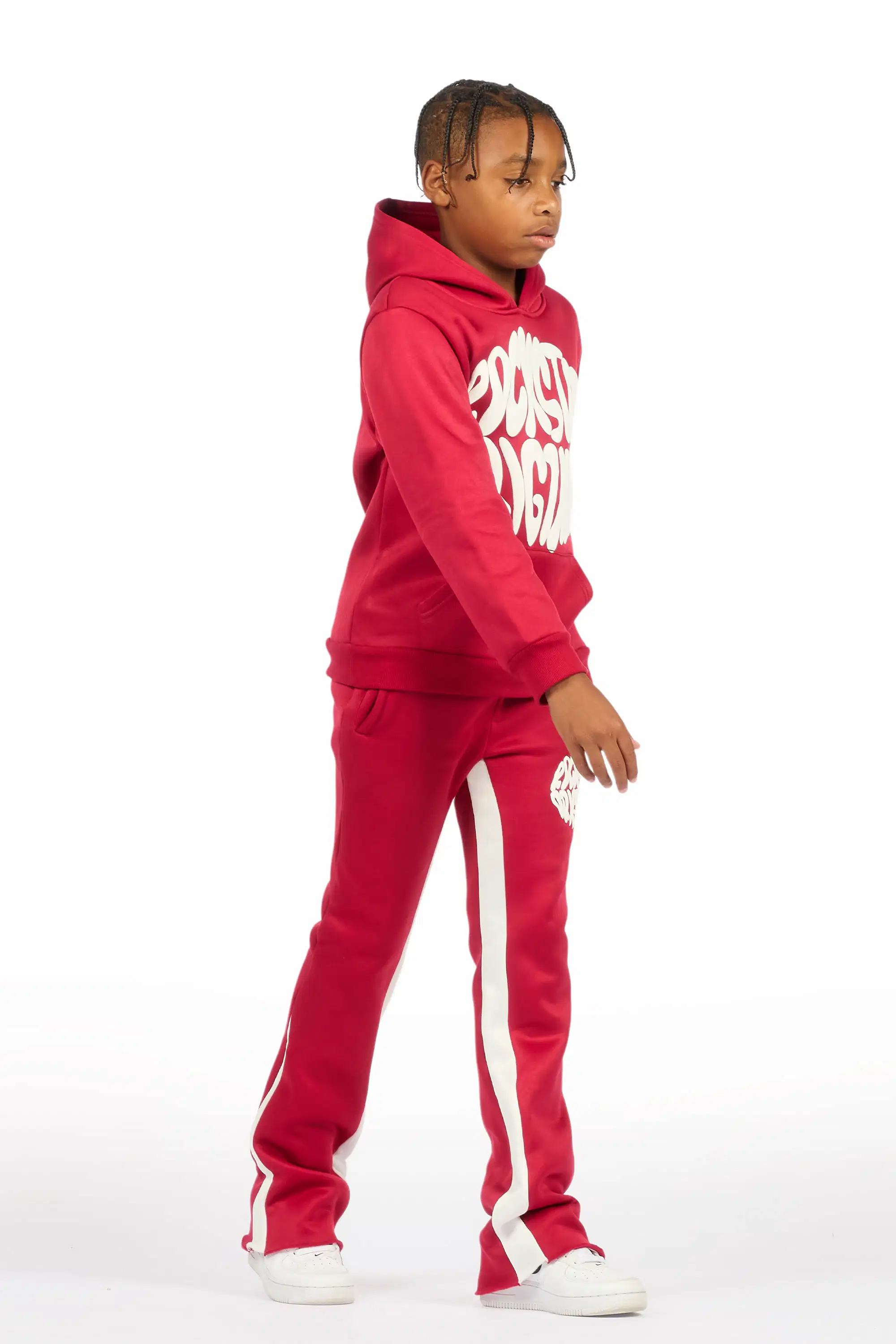 Boys Thierry Burgundy/White Stacked Flare Track Pant Set - Image 3