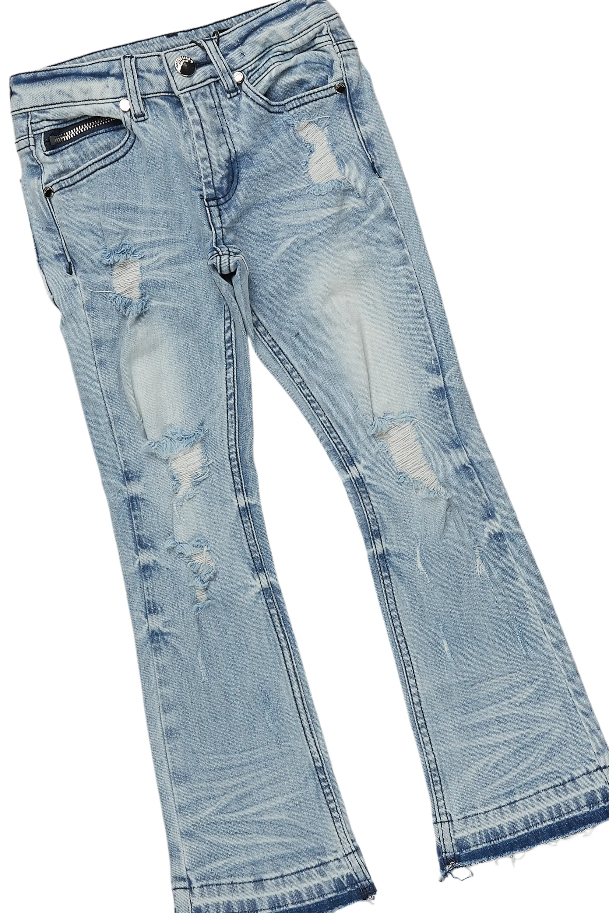 Girls Leira Blue/Vintage Beige Hoodie/Stacked Flare Jean Set - Image 3