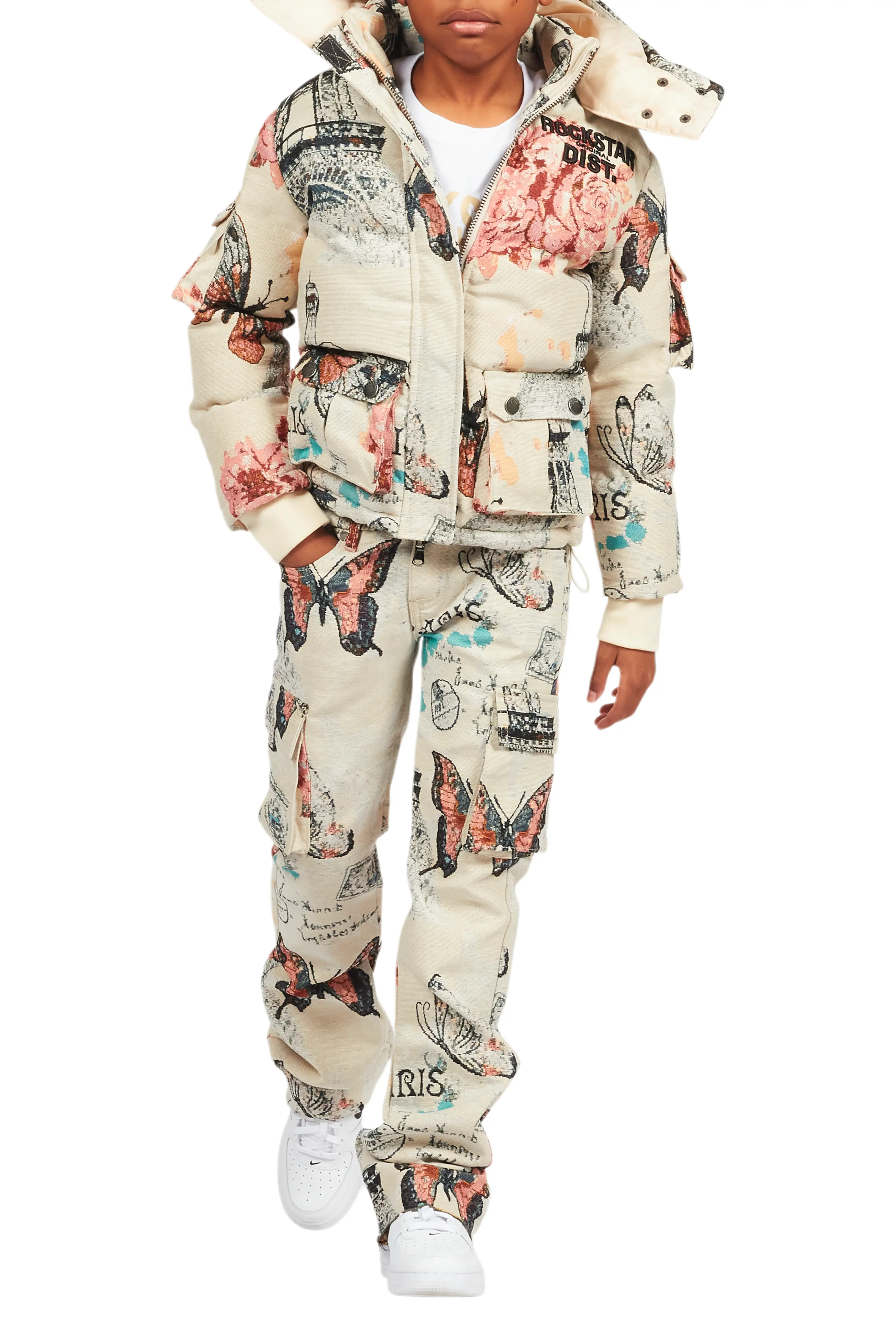 Boys Lamont Beige Multi Tapestry Puffer Jacket/Flare Jean Set - Image 13