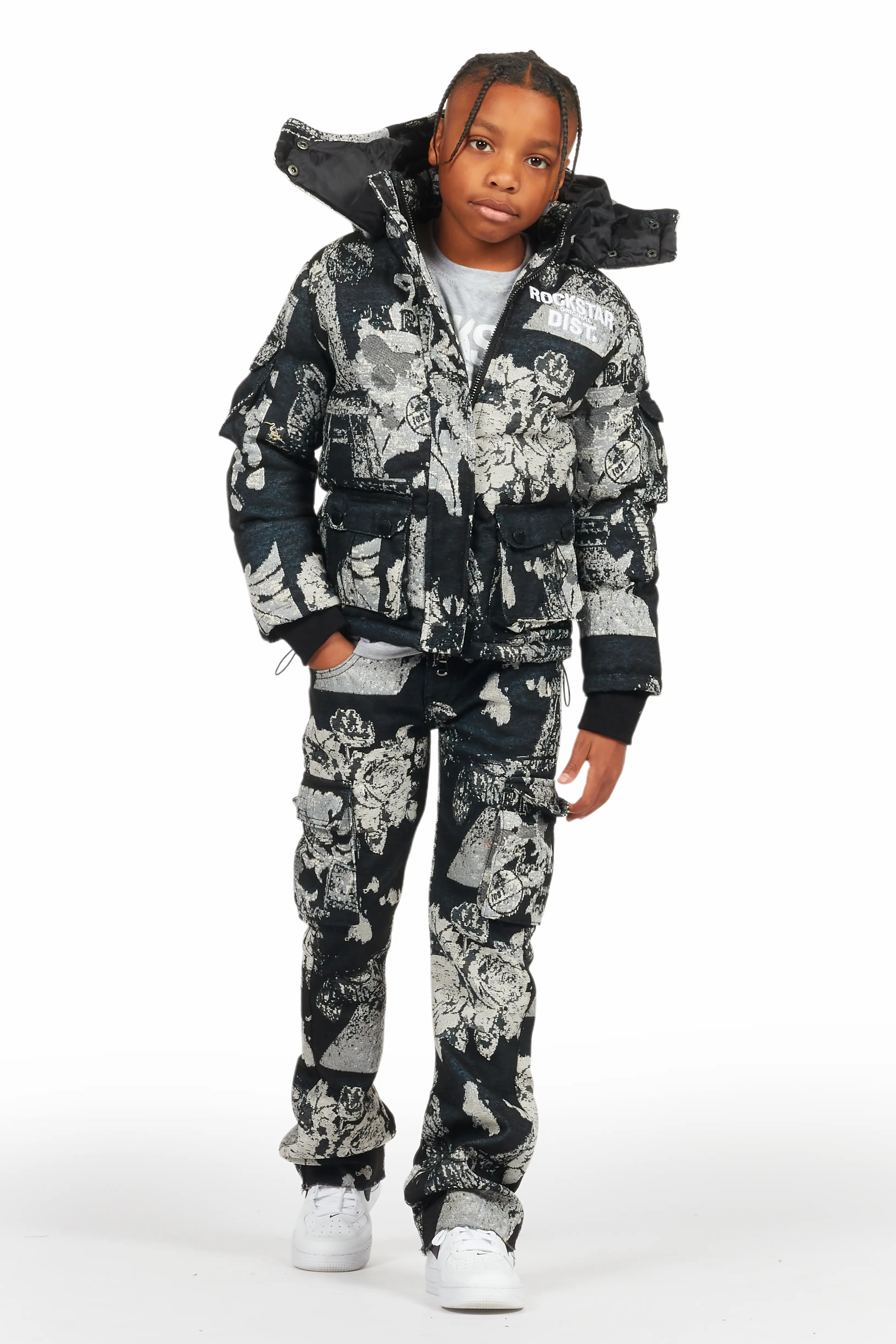 Boys Lamont Black Tapestry Puffer Jacket/Flare Jean Set - Image 2