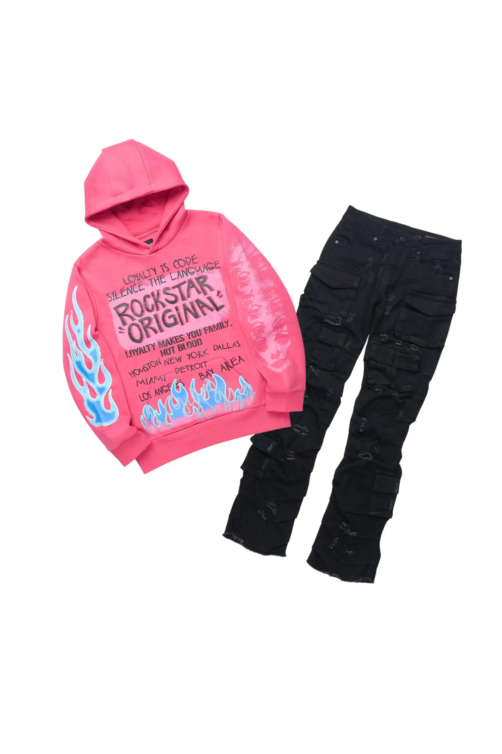 Girls Bridgette Fuchsia Hoodie & Gentry Black Stacked Jean Set