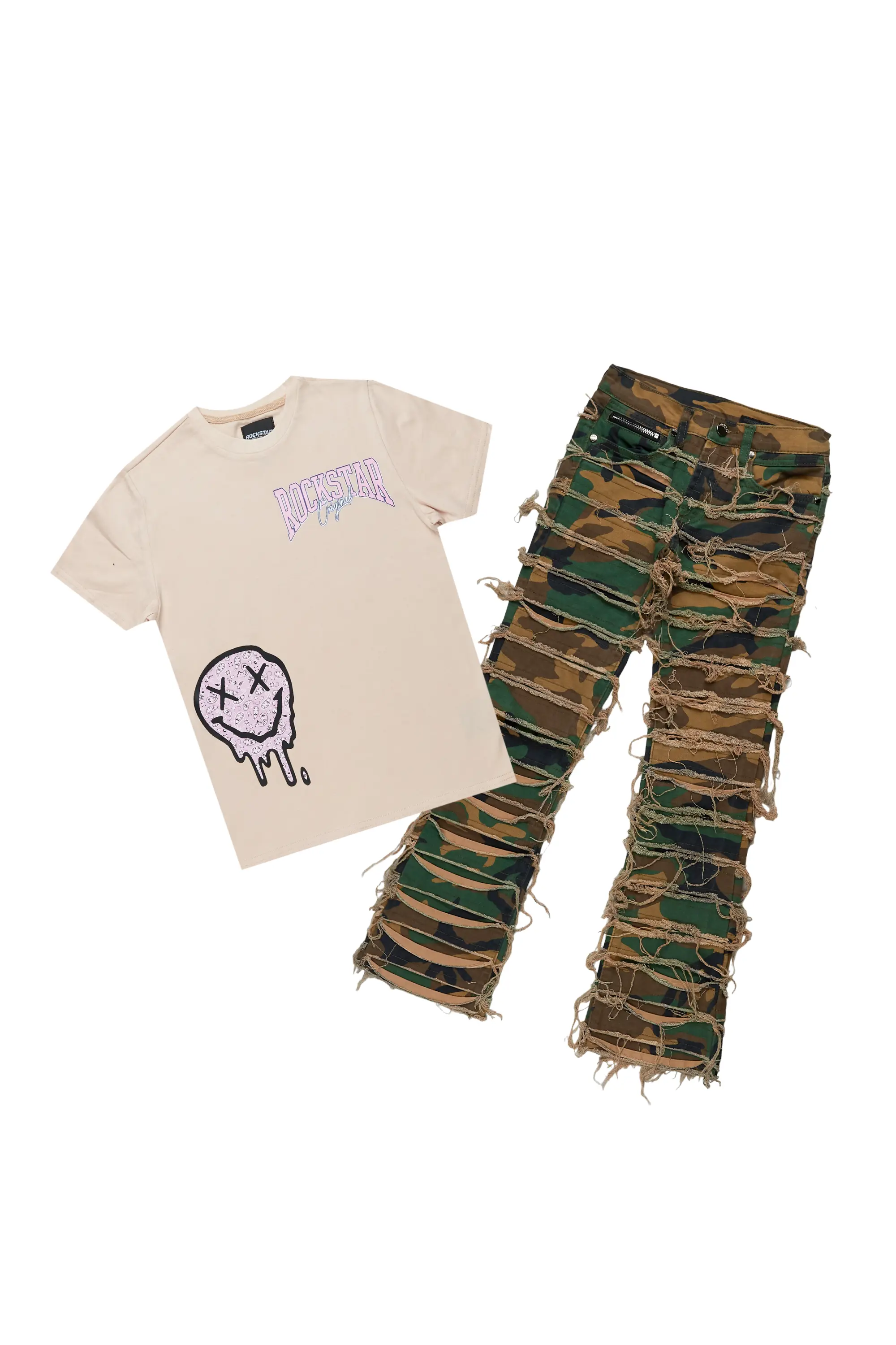 Girls Emma Beige/Camo T-Shirt/Stacked Flare Jean Set - Image 2
