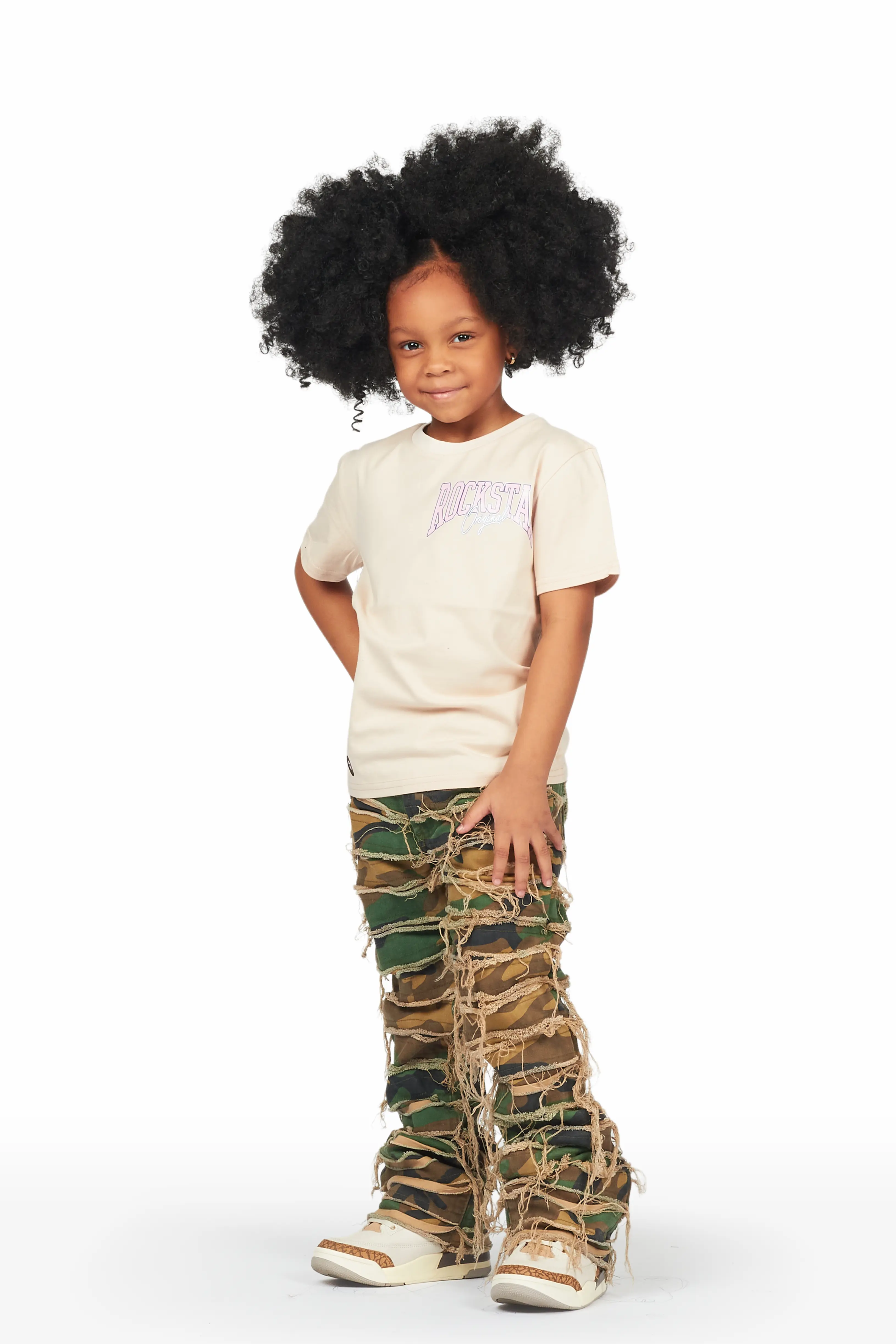 Girls Emma Beige/Camo T-Shirt/Stacked Flare Jean Set - Image 3