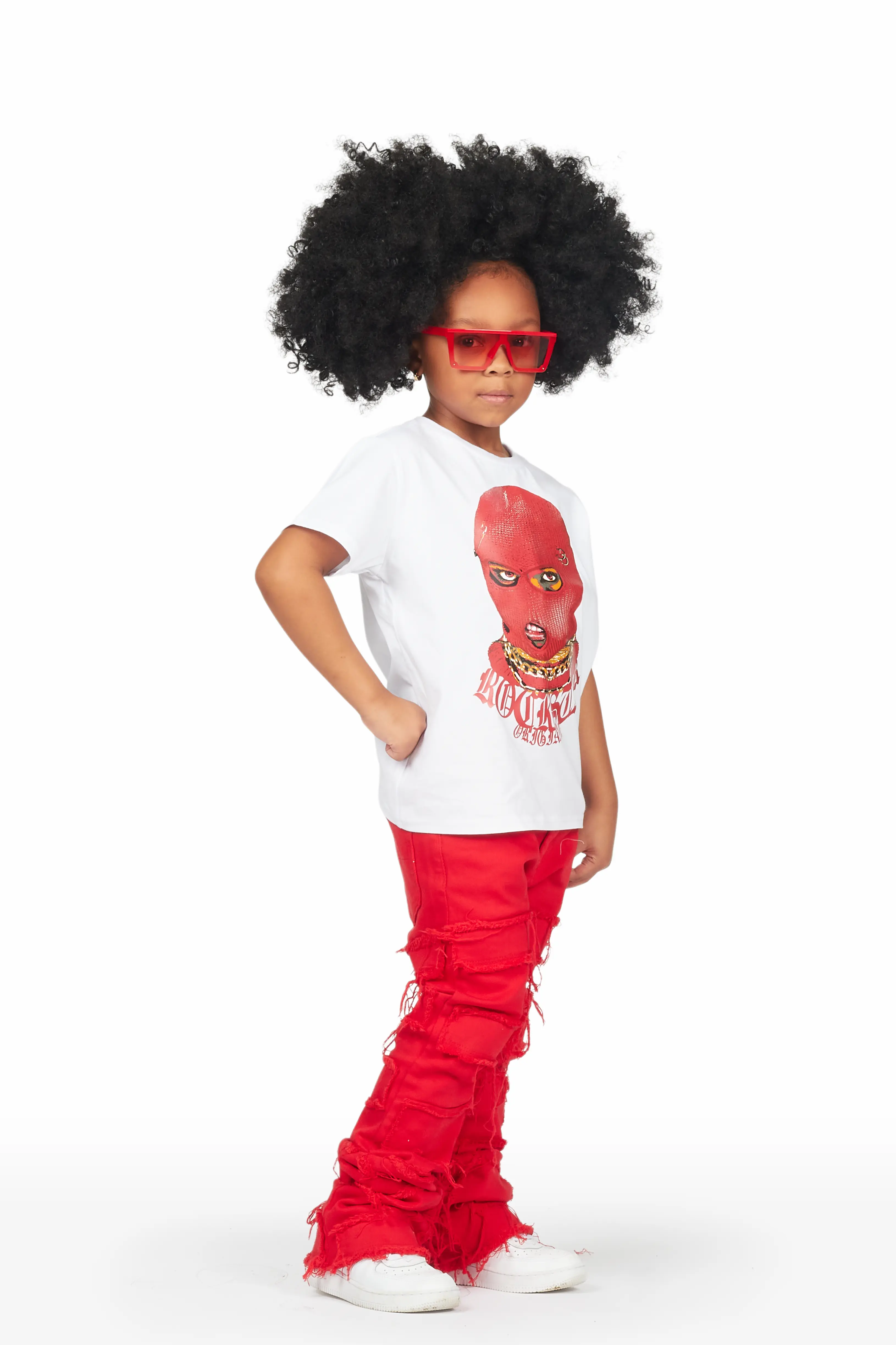 Girls Isabella White/Red T-Shirt/Stacked Flare Jean Set - Image 3