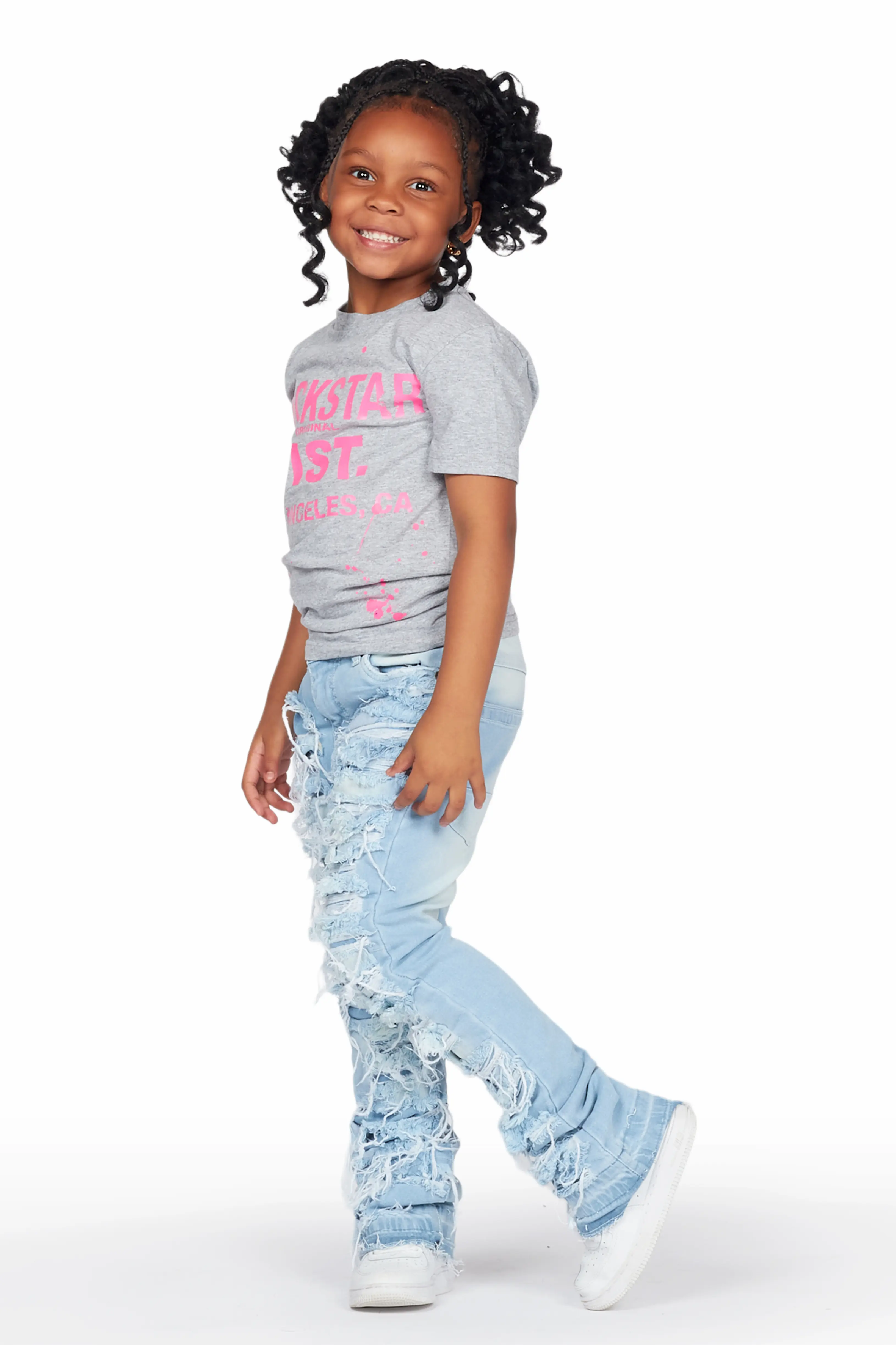 Girls Genie Grey/Blue T-Shirt/Stacked Flare Jean Set - Image 3