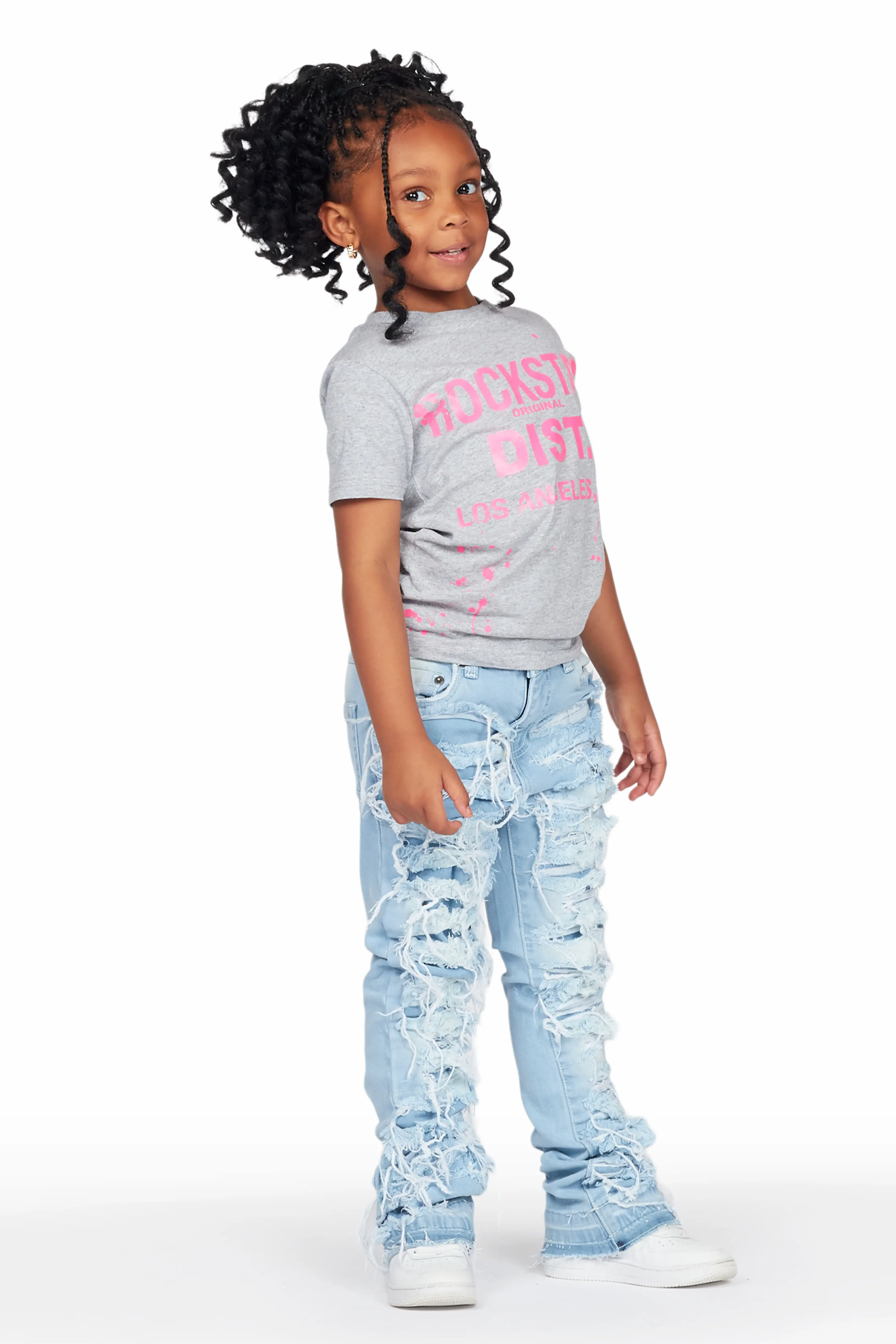 Girls Genie Grey/Blue T-Shirt/Stacked Flare Jean Set - Image 4