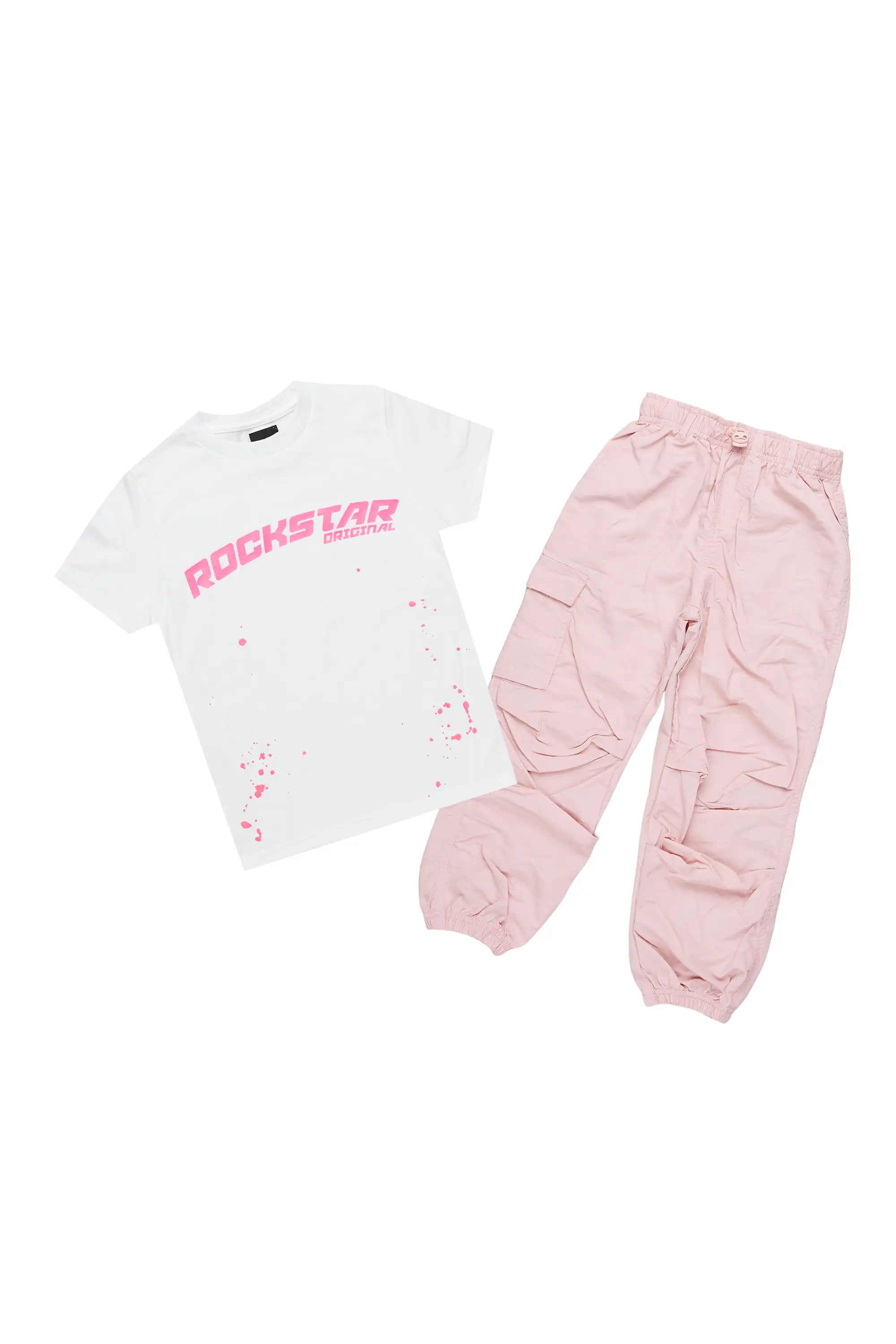 Girls Quincy White/Pink T-Shirt Cargo Jogger Set - Image 2
