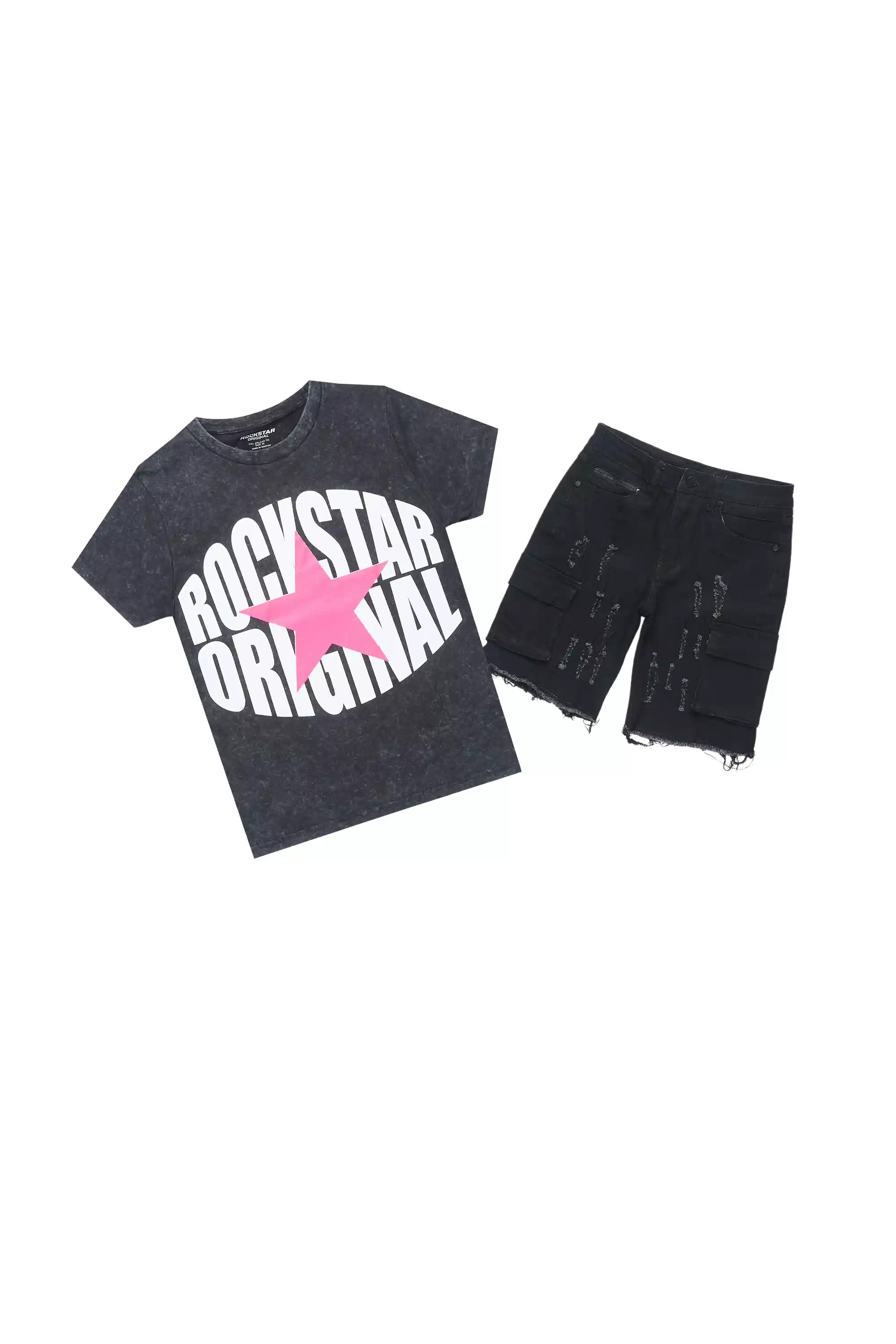 Girls Ezra Black/Pink T-Shirt/Denim Short Set