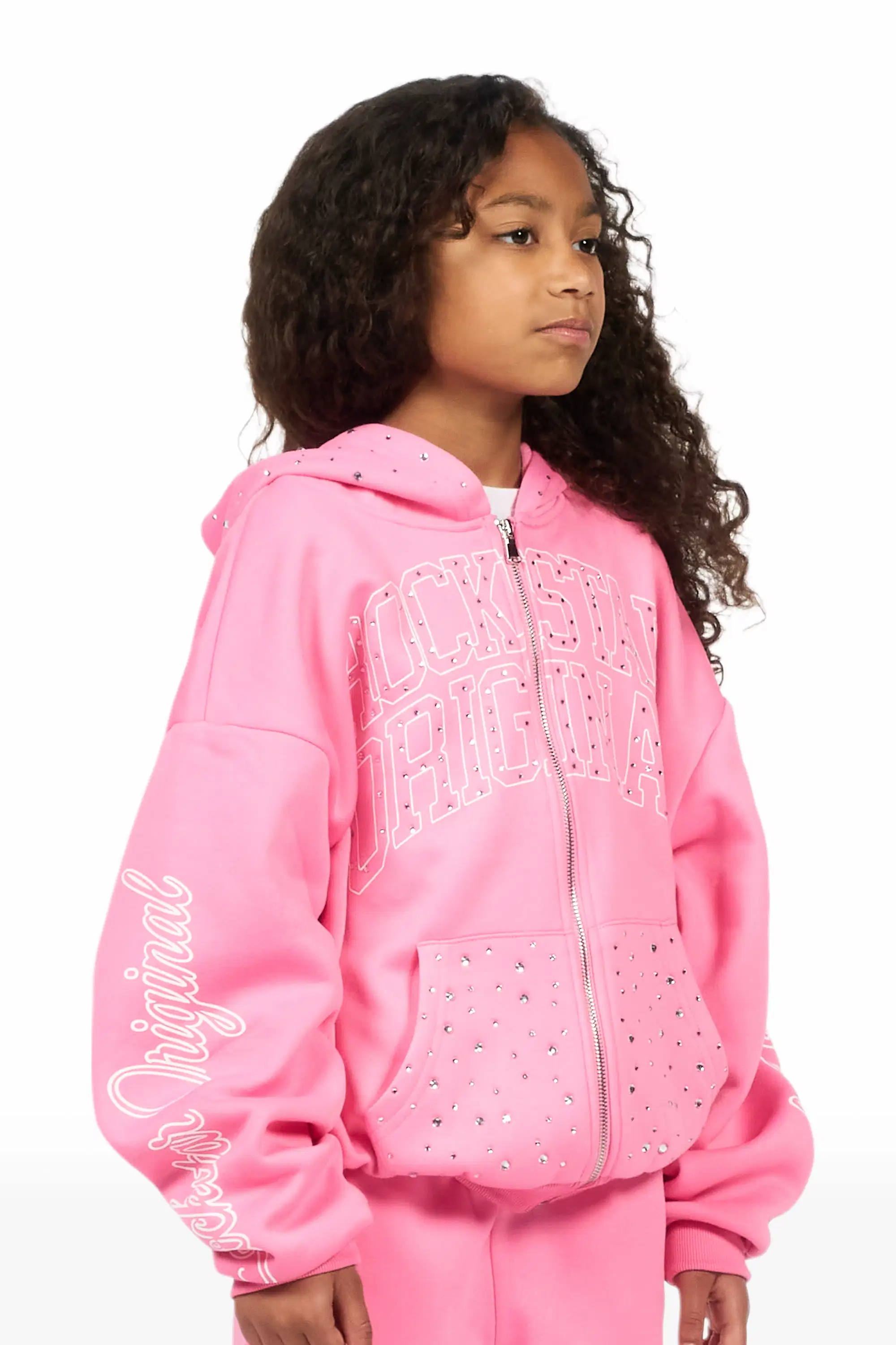 Girls Alvina Pink Rhinestone Zip Up Hoodie - Image 3