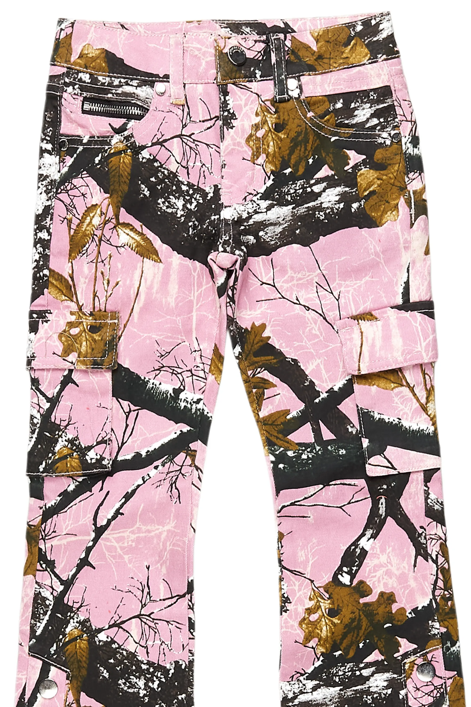 Girls Waapa Pink Tree Camo Stacked Flare Cargo Jean - Image 2