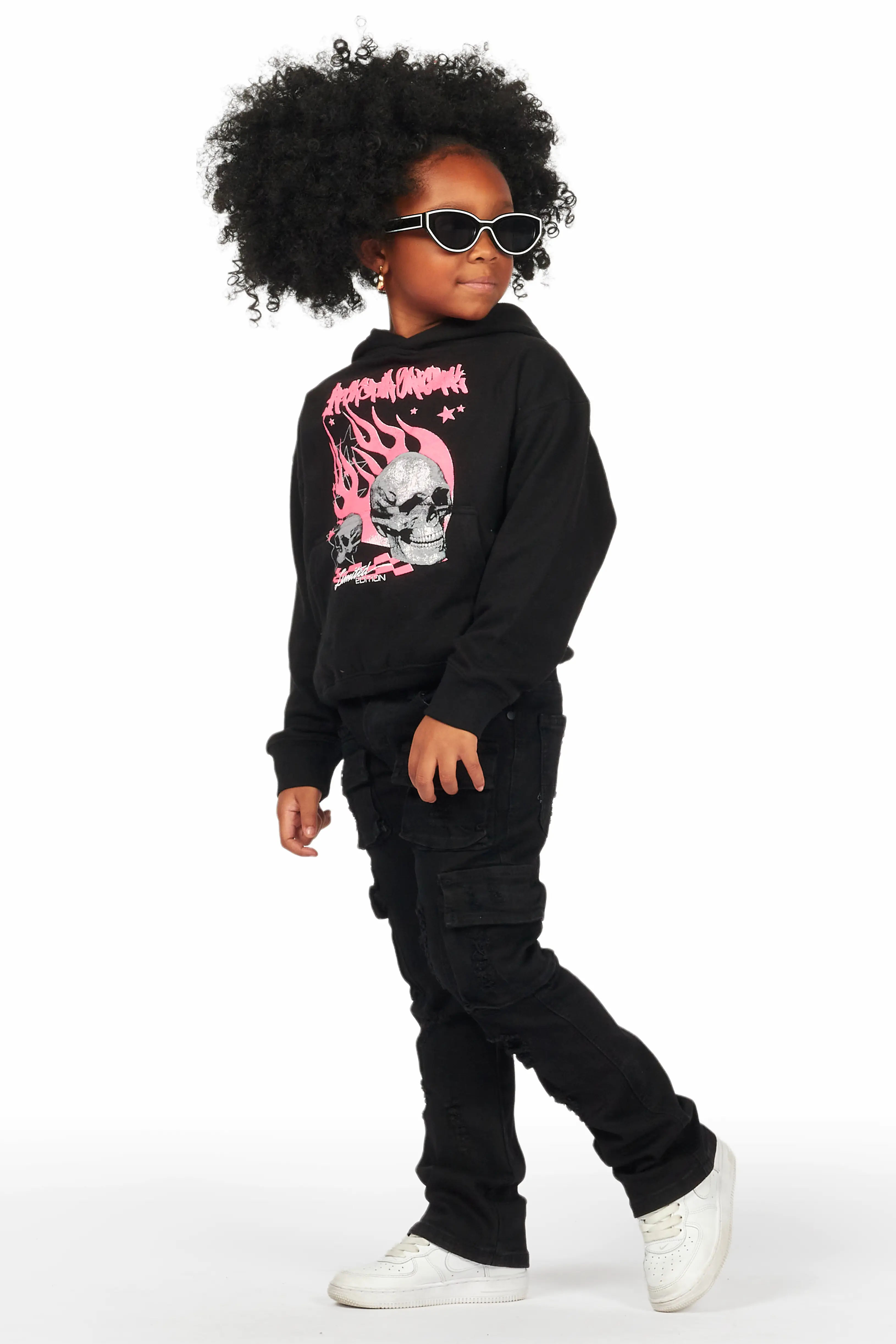 Girls Zaira Black Cargo Stacked Flare Jean - Image 4