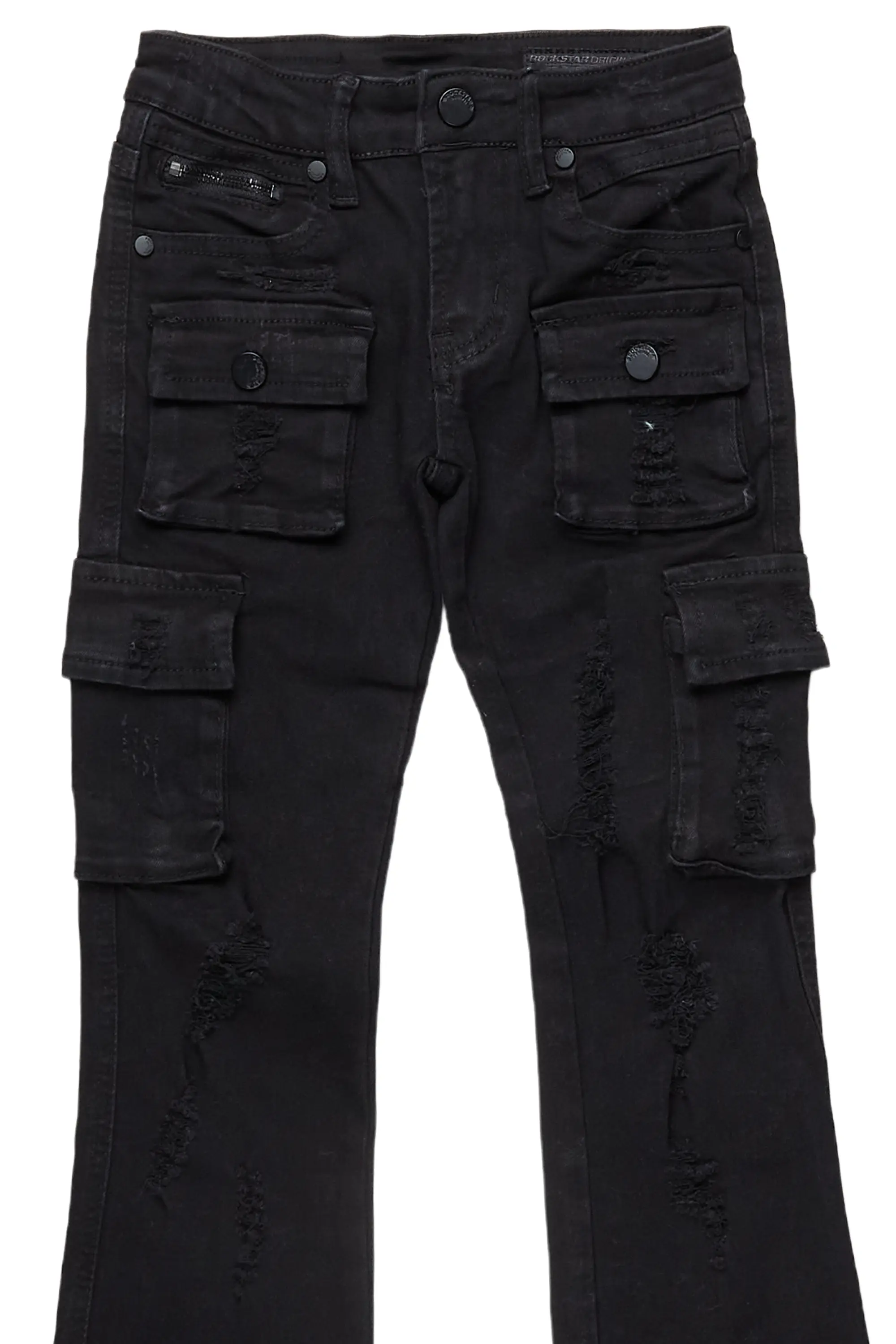 Girls Zaira Black Cargo Stacked Flare Jean - Image 7