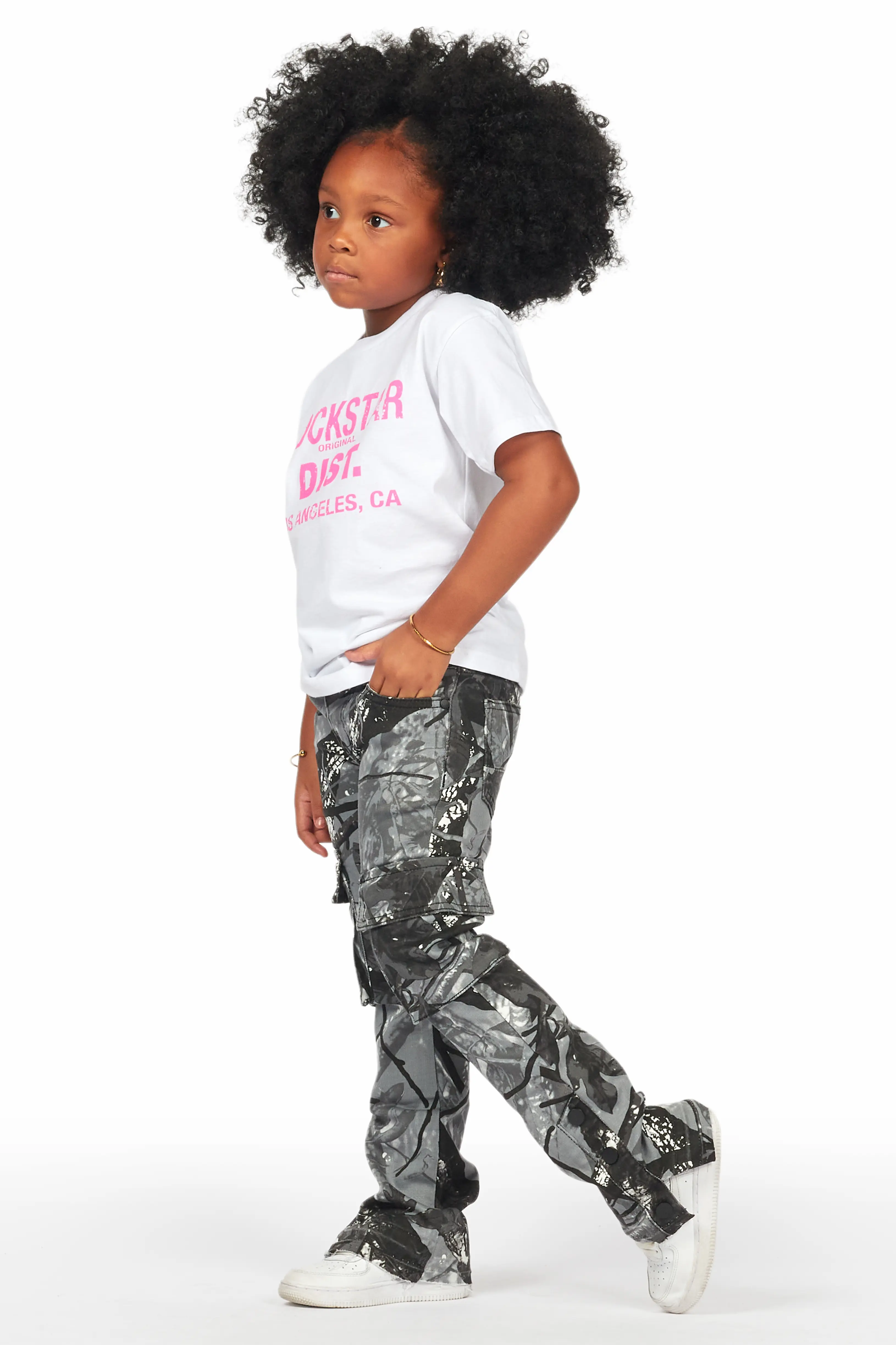 Girls Amiry Grey Camo Stacked Flare Cargo Jean - Image 3
