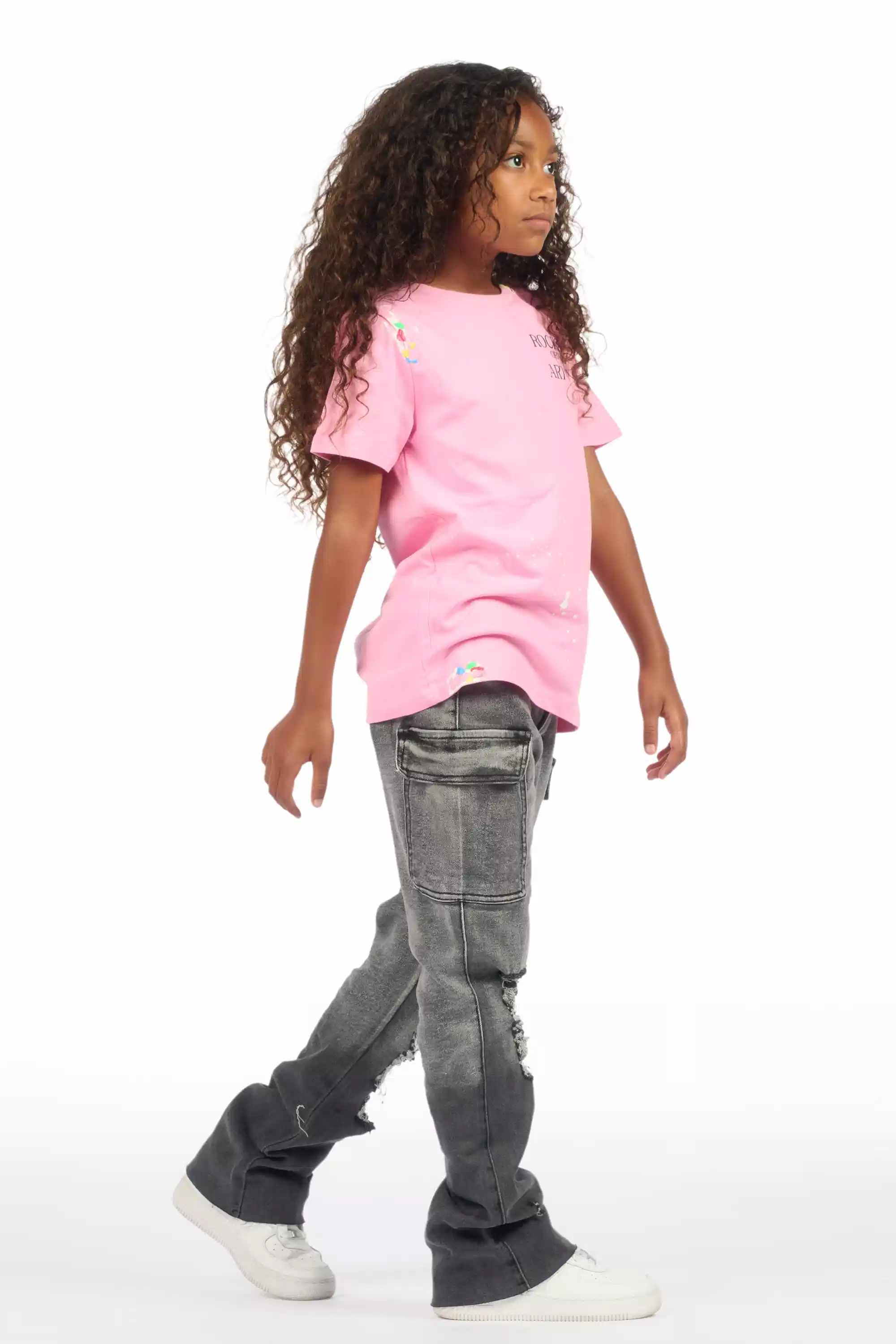 Girls Vixen Grey Wash Distressed Stacked Jean - Image 4
