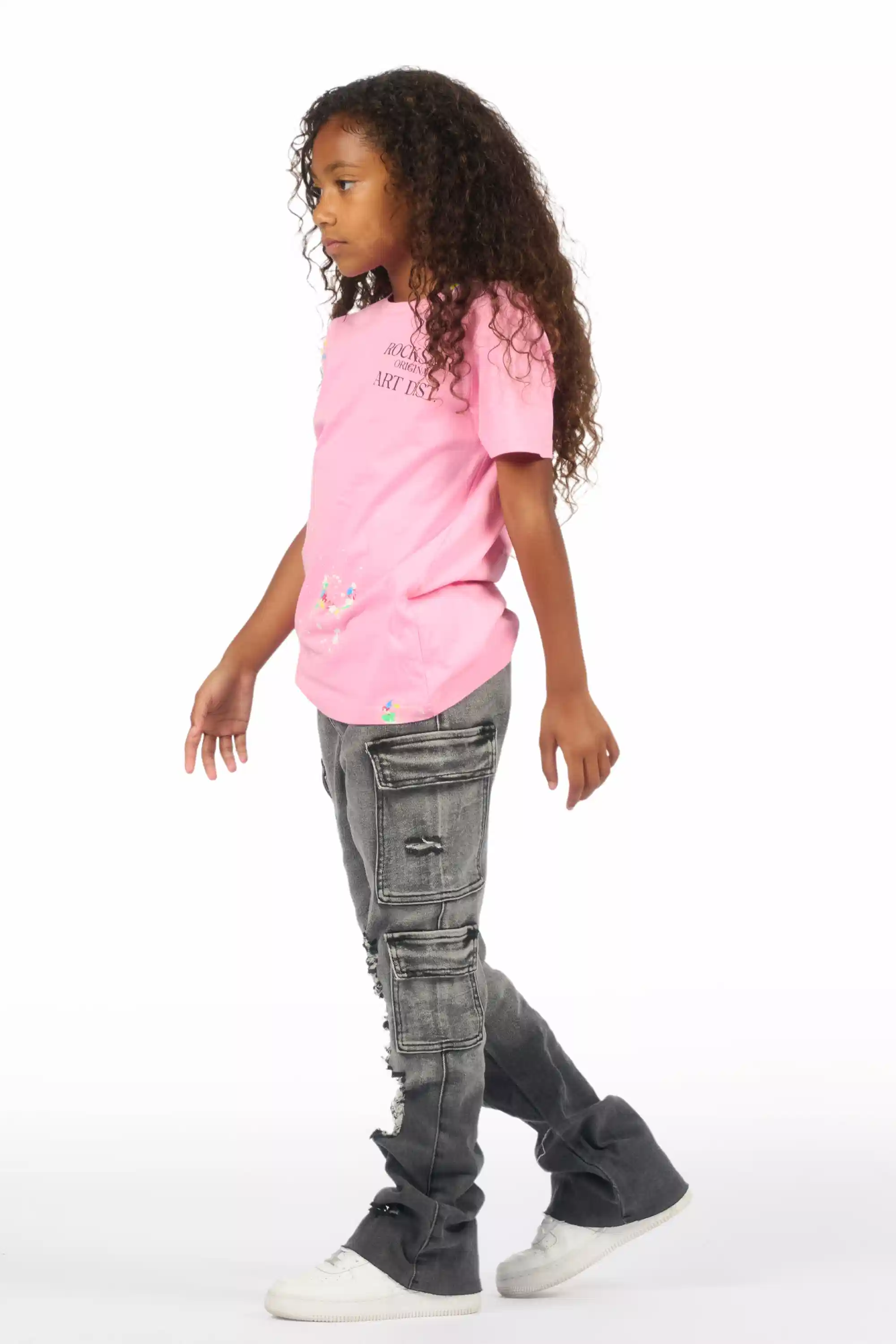 Girls Vixen Grey Wash Distressed Stacked Jean - Image 8