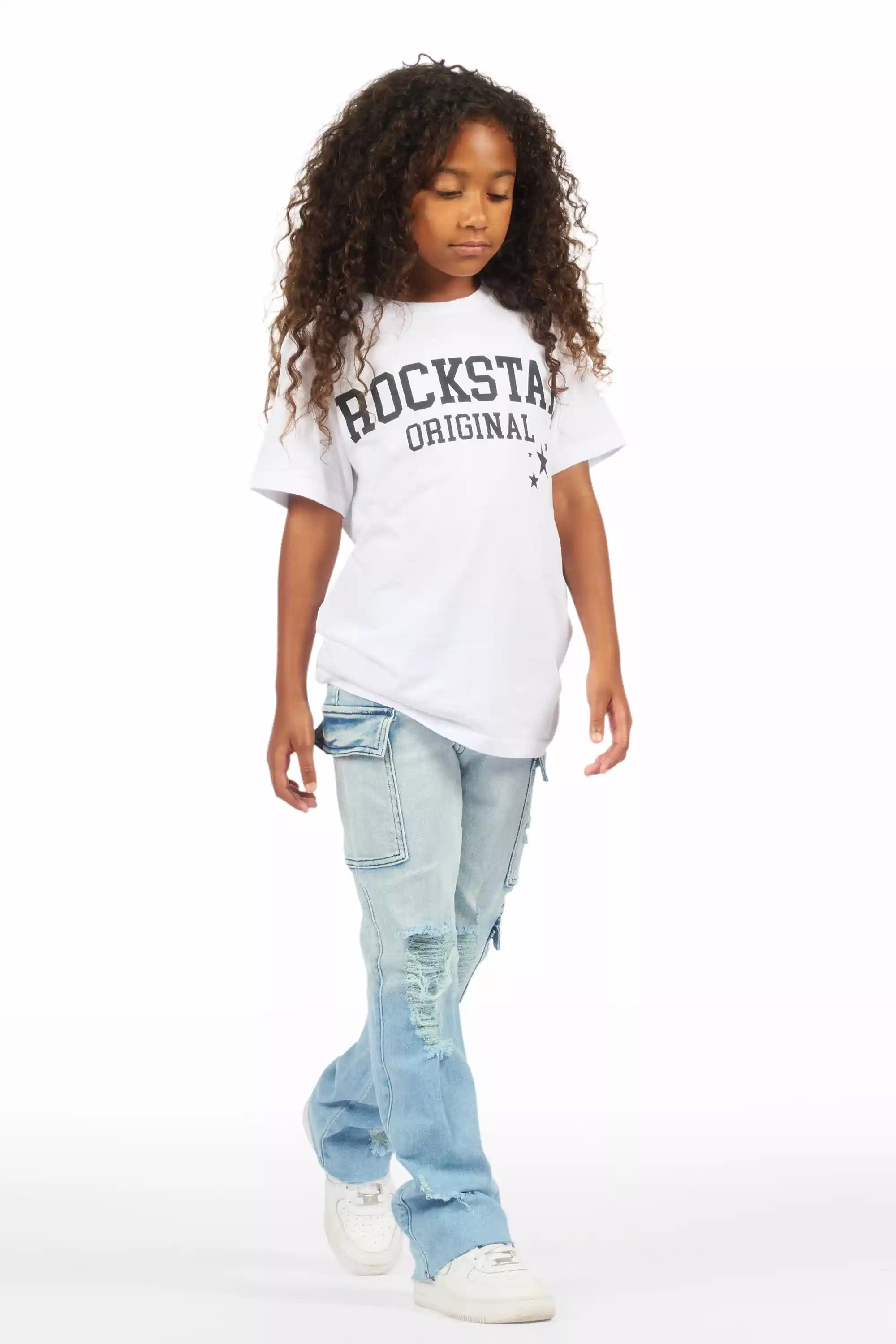 Girls Vixen Light Wash Distressed Stacked Jean - Image 4