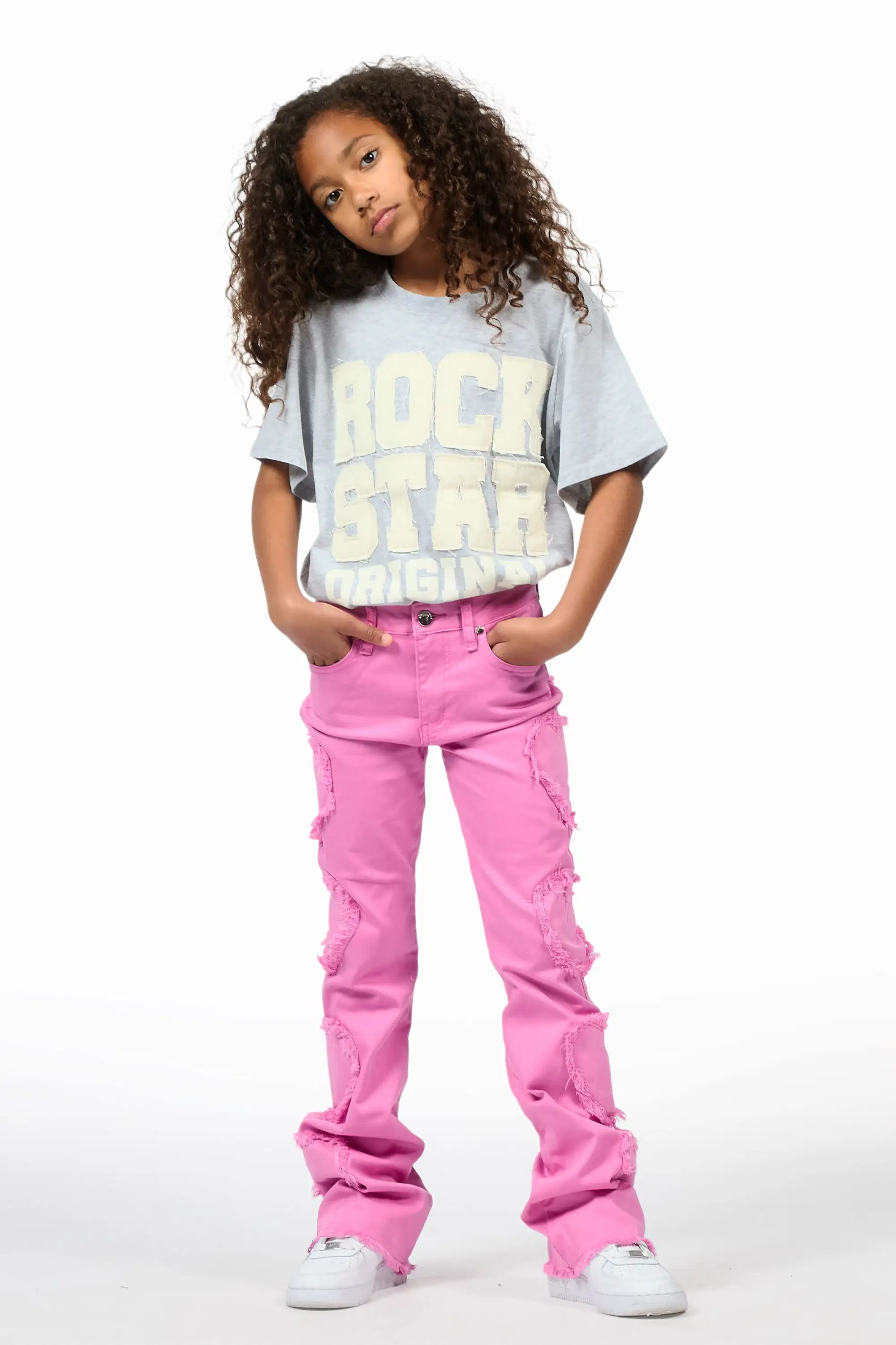 Girls Sinayah Heart Baby Pink Stacked Flare Jean - Image 3