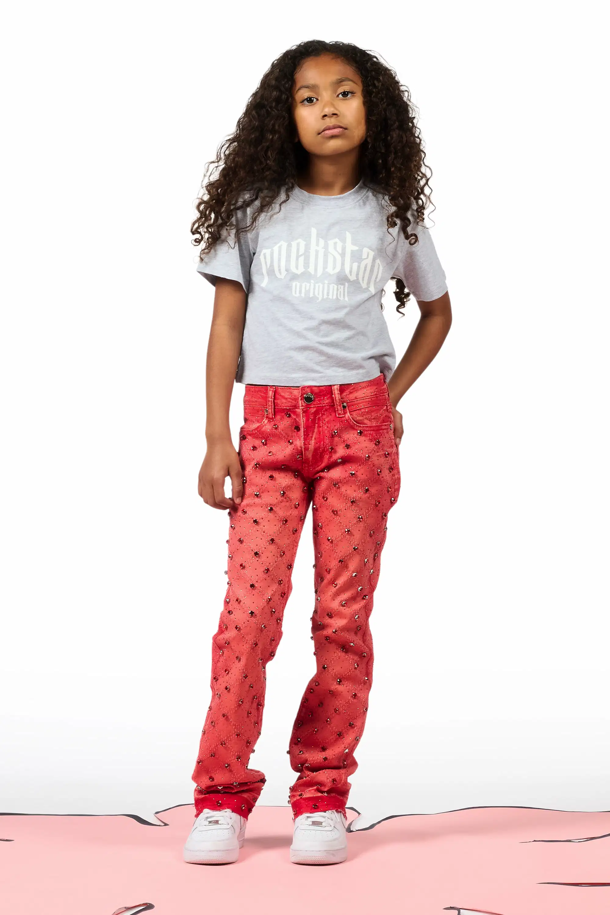 Girls Glit Red Rhinestone Stacked Flare Jean - Image 3