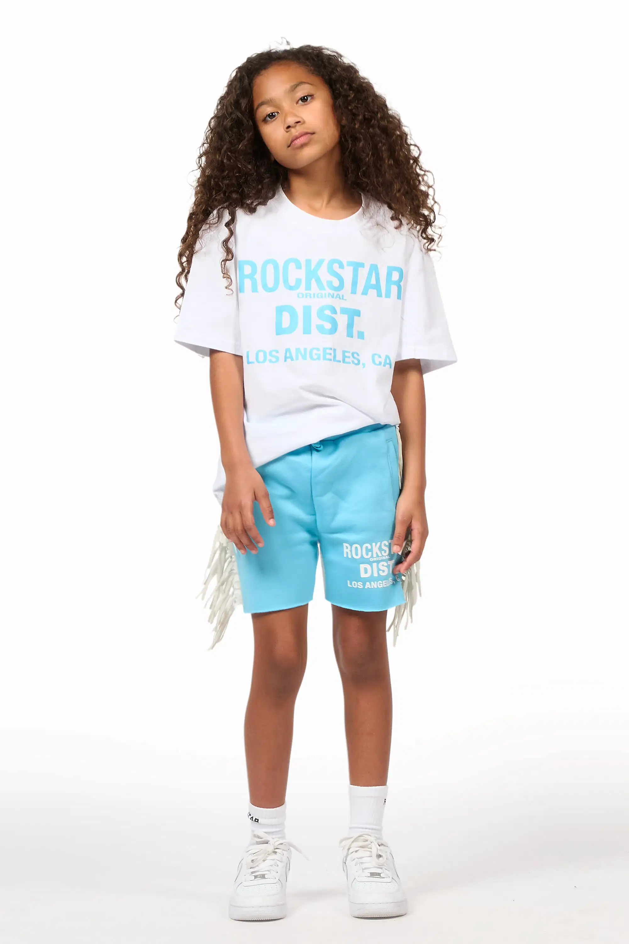 Girls Kendra White/Light Blue Graphic T-Shirt/Fringe Short Set