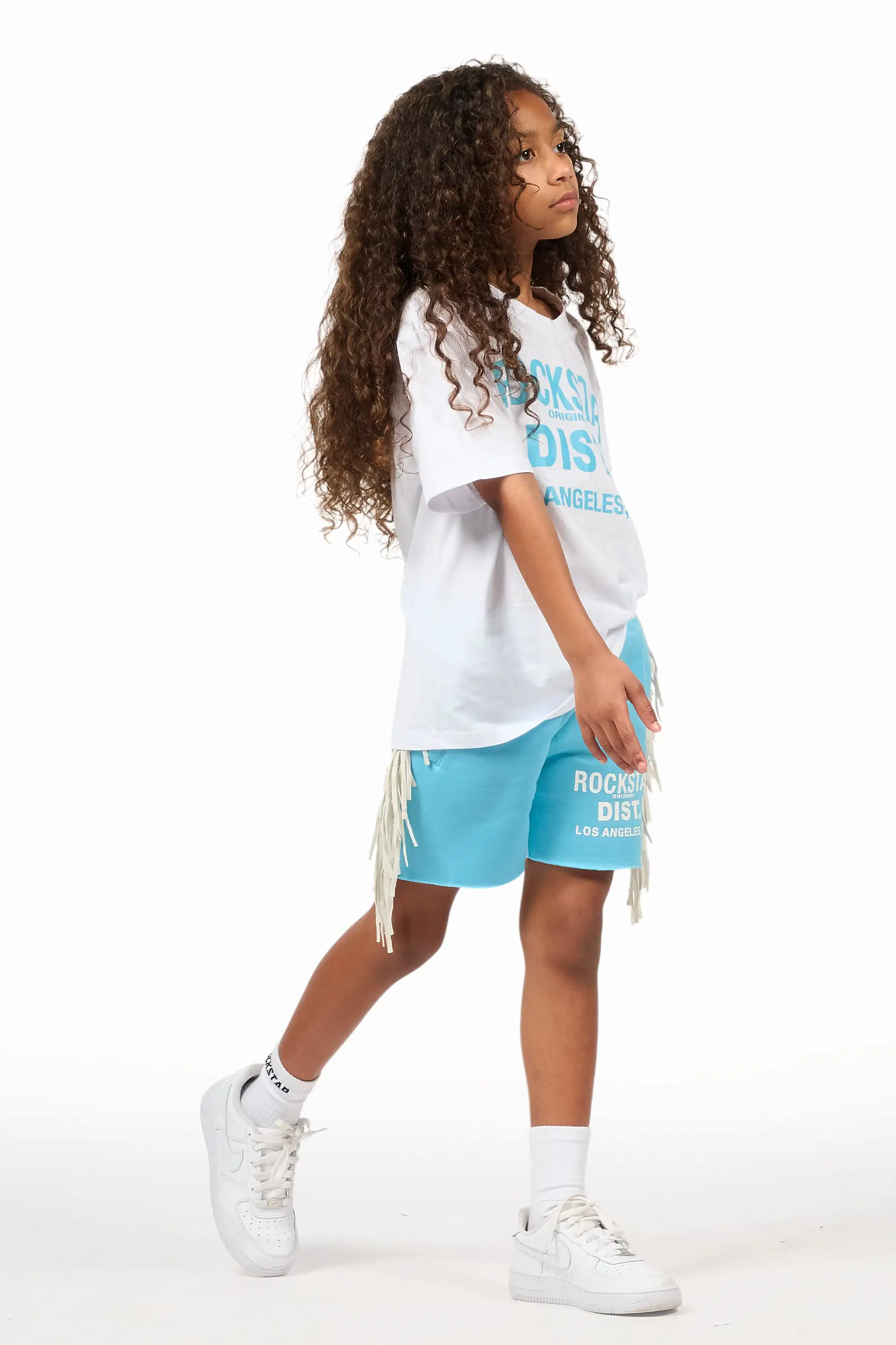 Girls Kendra White/Light Blue Graphic T-Shirt/Fringe Short Set - Image 3