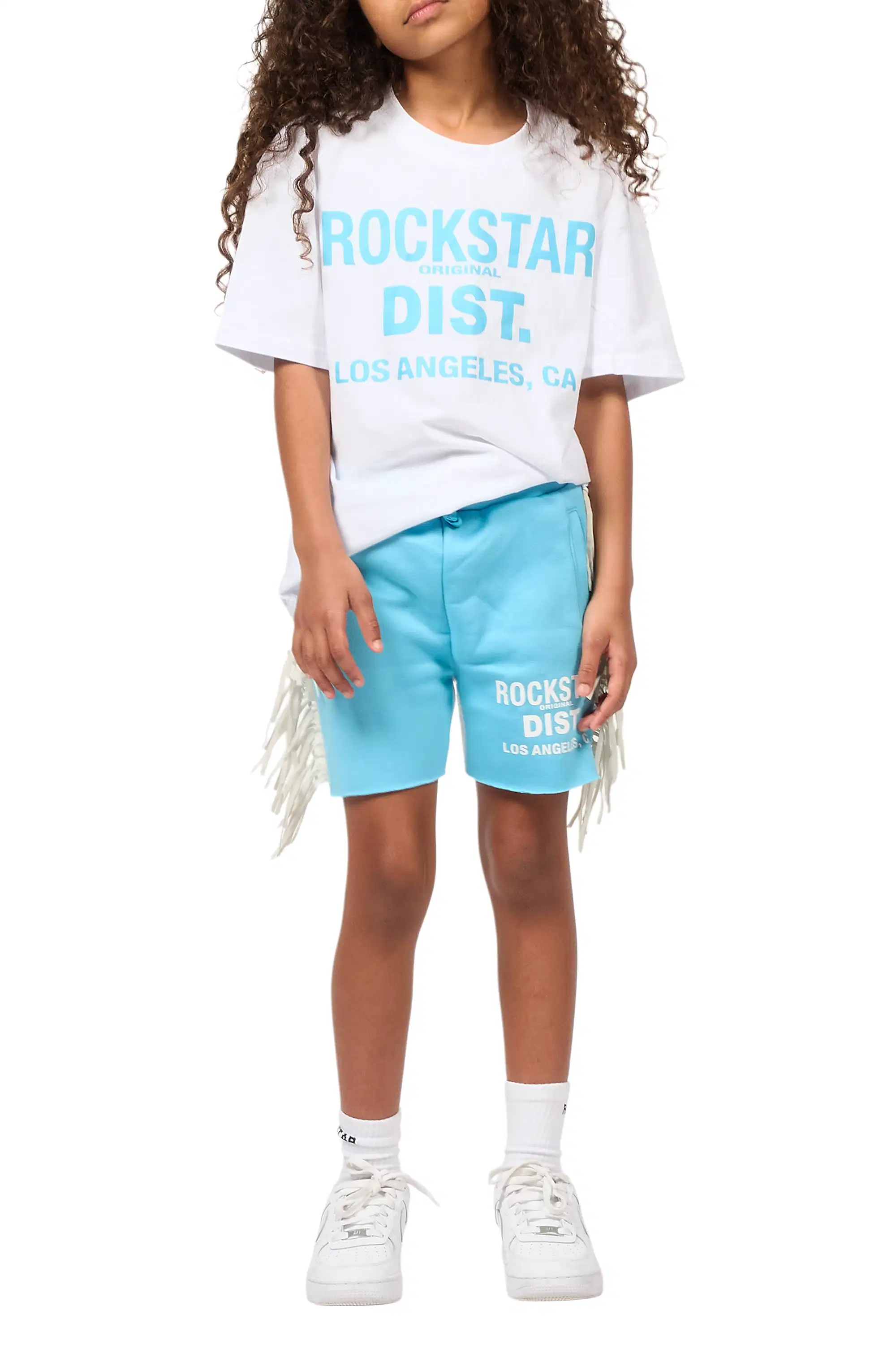 Girls Kendra White/Light Blue Graphic T-Shirt/Fringe Short Set - Image 9