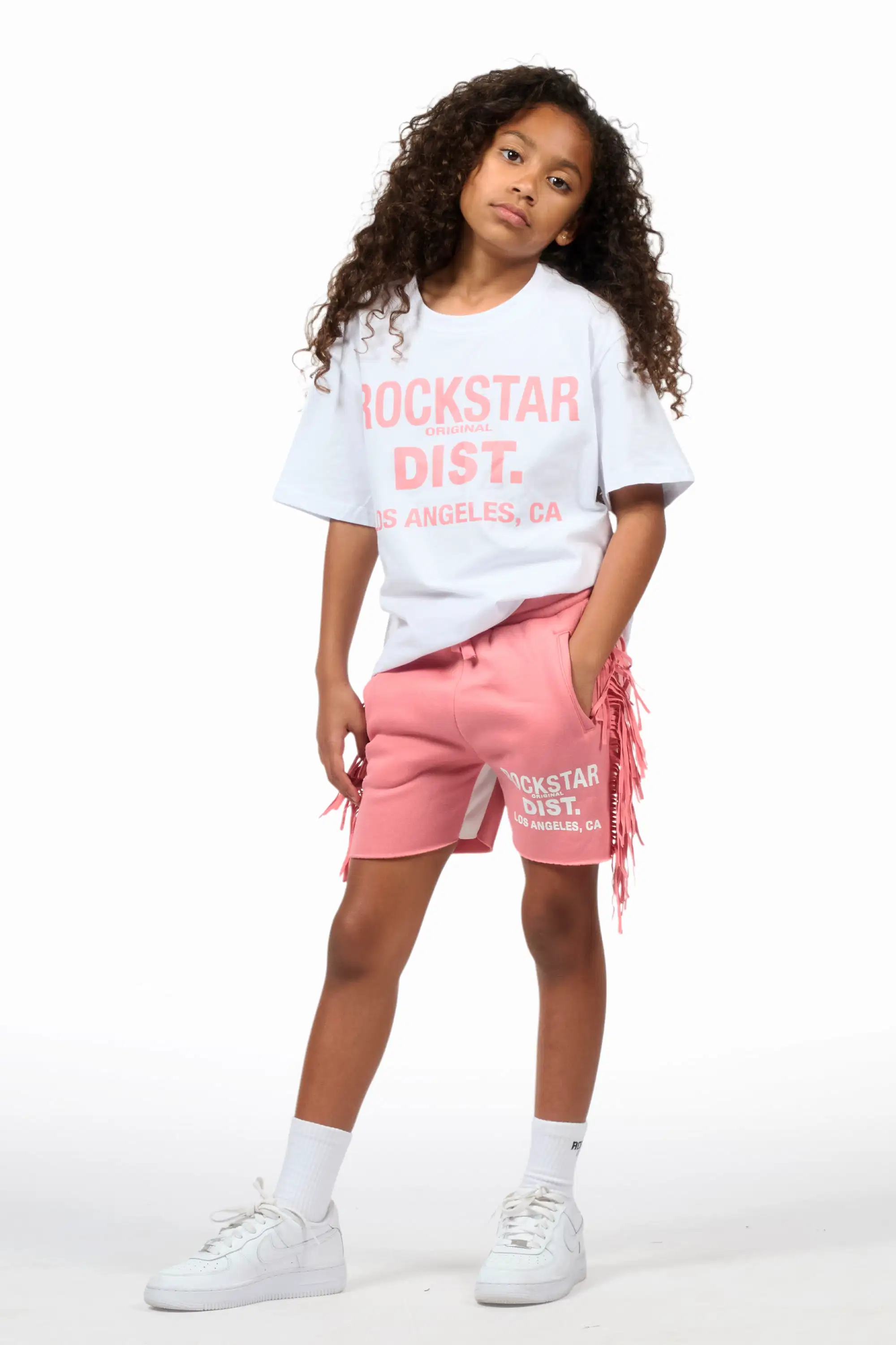 Girls Kendra White/Pink Graphic T-Shirt/Fringe Short Set