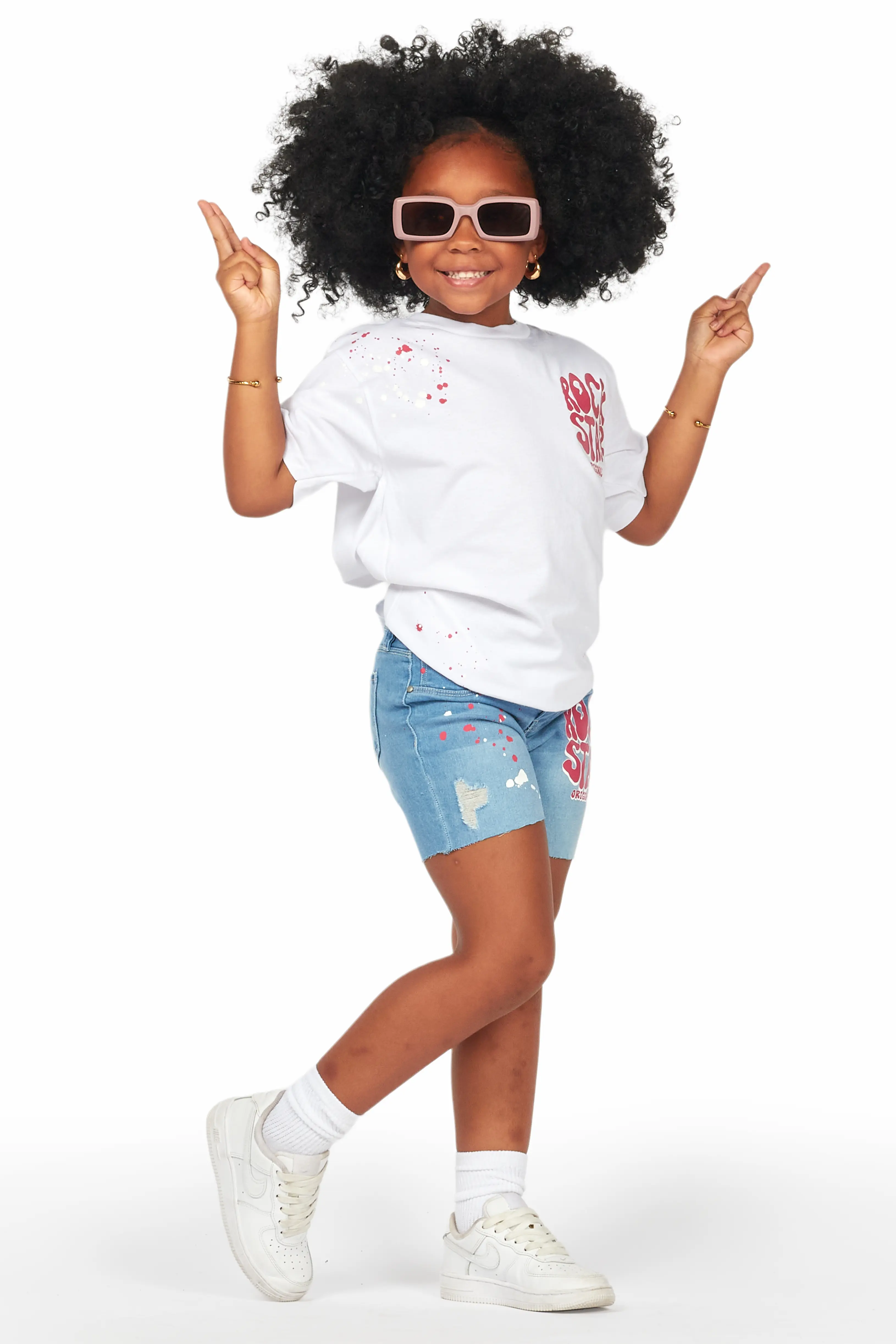Girls Adrina White/Blue T-Shirt Denim Short Set - Image 3