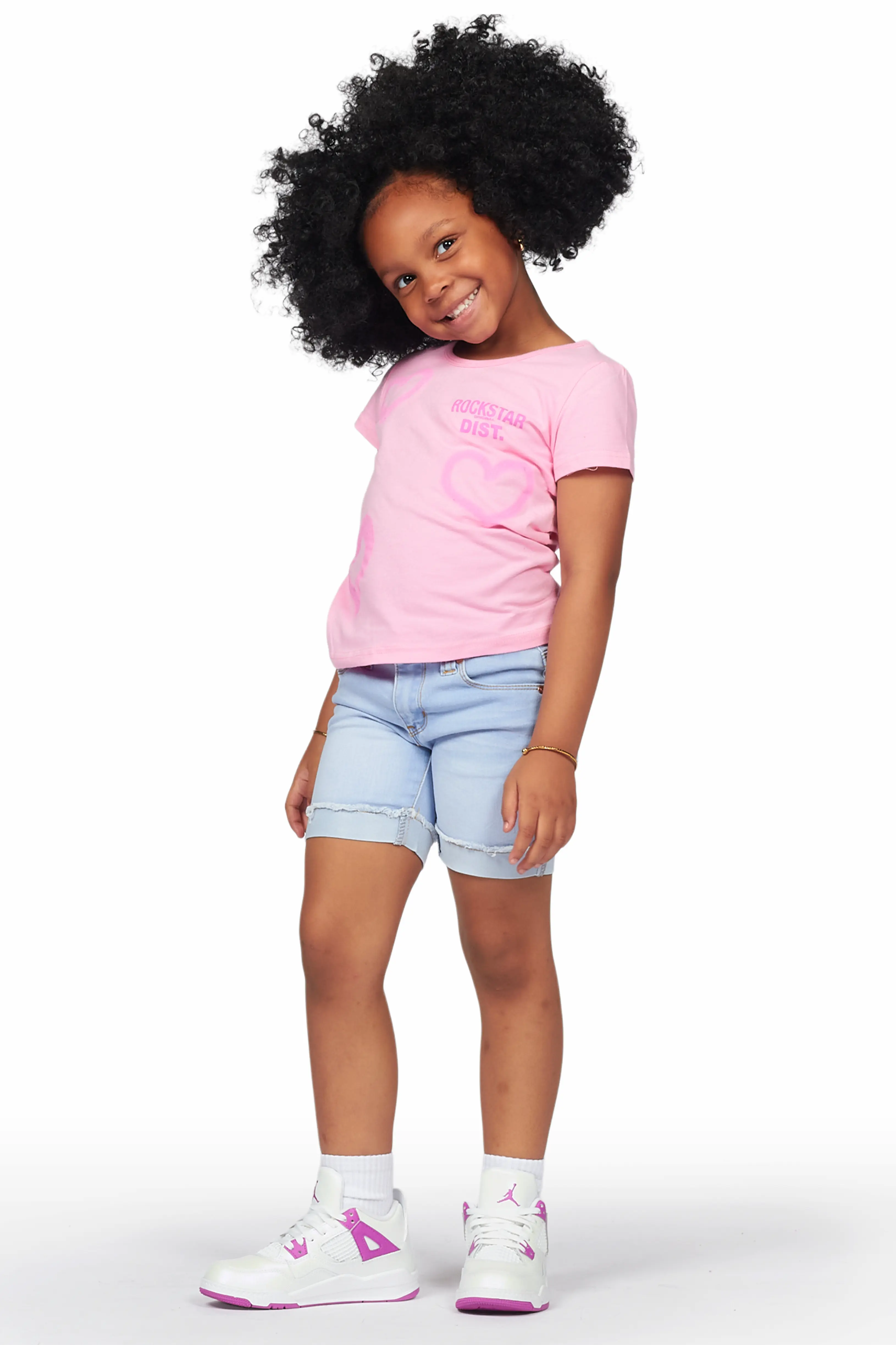 Girls Alaiya Pink T-Shirt Denim Short Set - Image 3